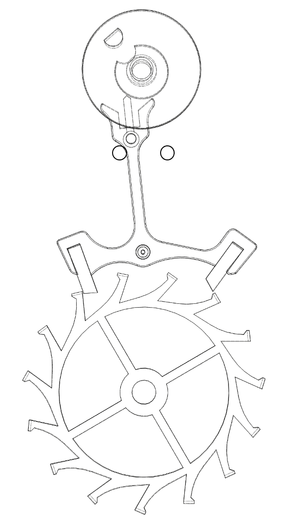 Outline of mechanical gears and parts, including a larger circular gear with spokes and smaller components.