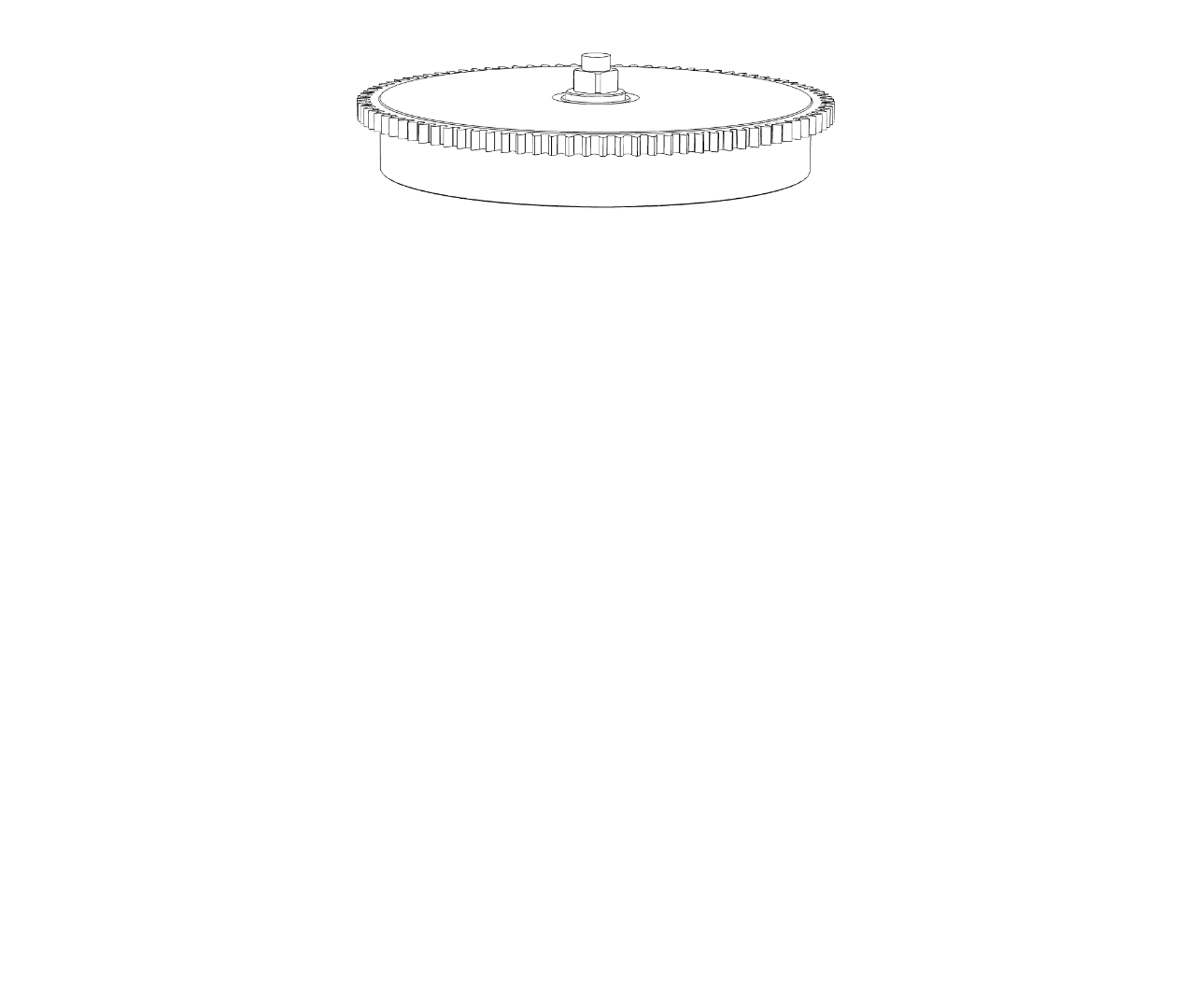 Line drawing of a large gear or pulley with teeth around its edge, viewed from below.