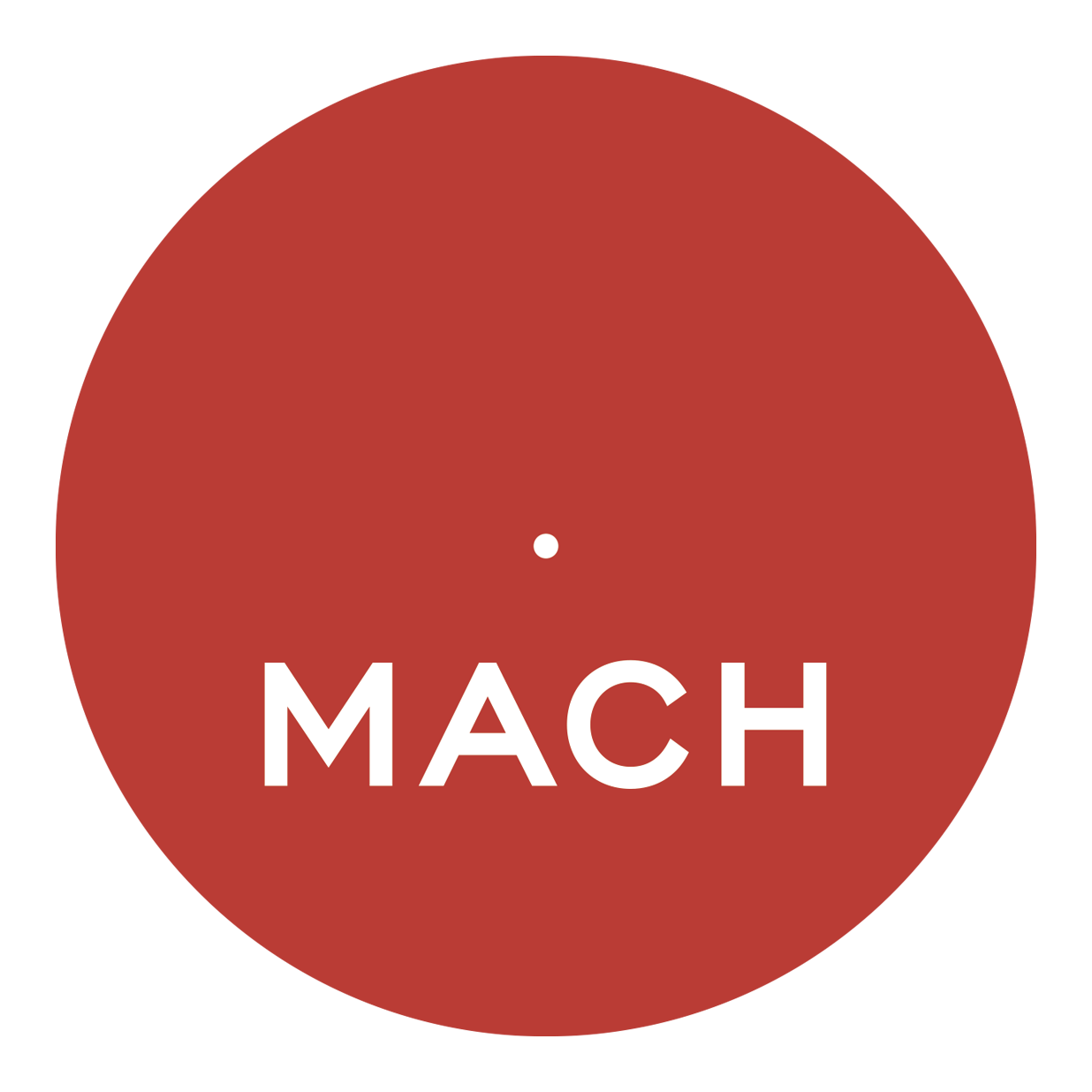 A circular graphic with the word 'MACH' in white capital letters on a brownish-red background, resembling a radar or target symbol.