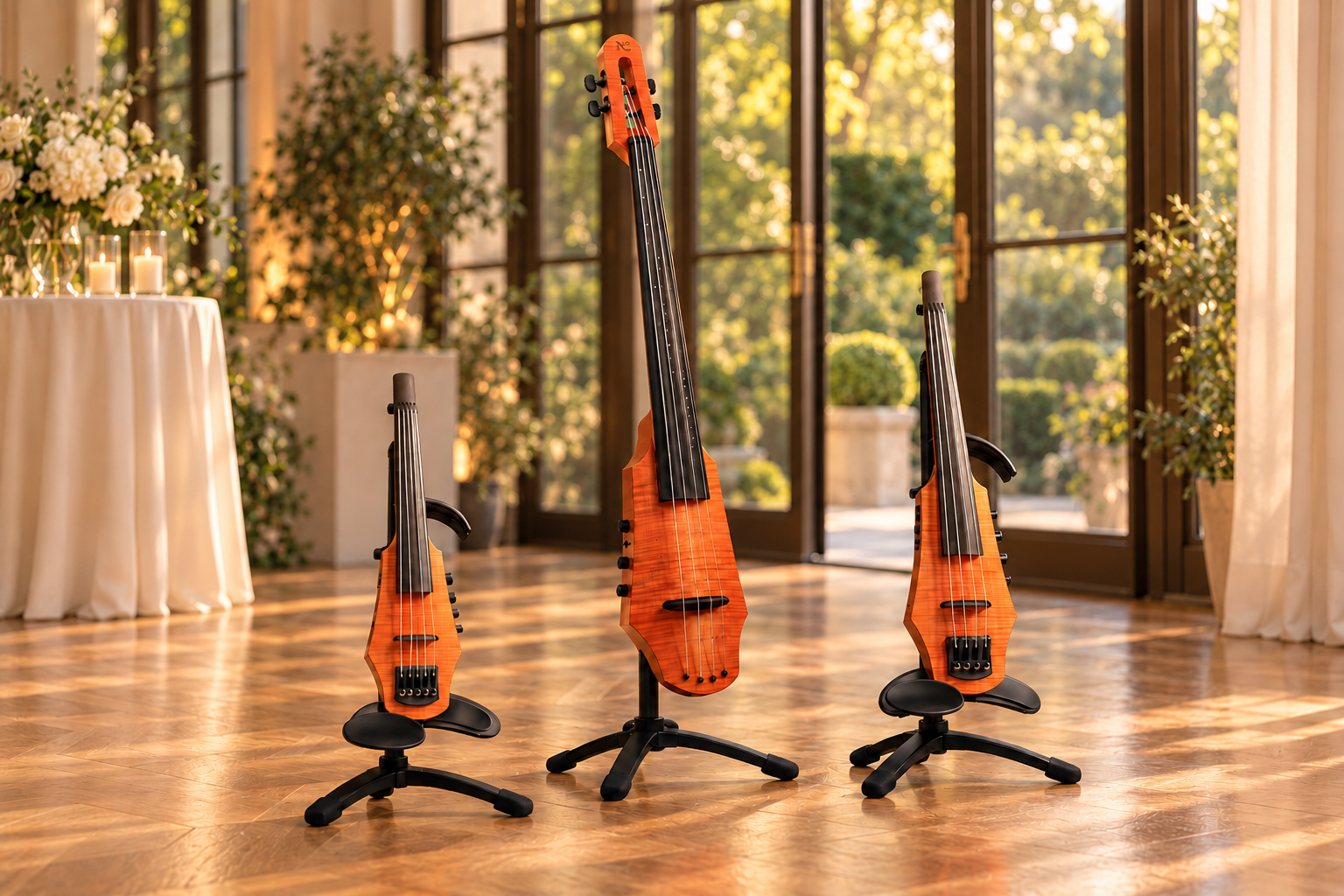 Two carbon fiber violins, one large and one small, are displayed on stands in a dimly lit, elegant indoor setting with glowing candles and blurred people in the background, suggesting a formal event or concert.