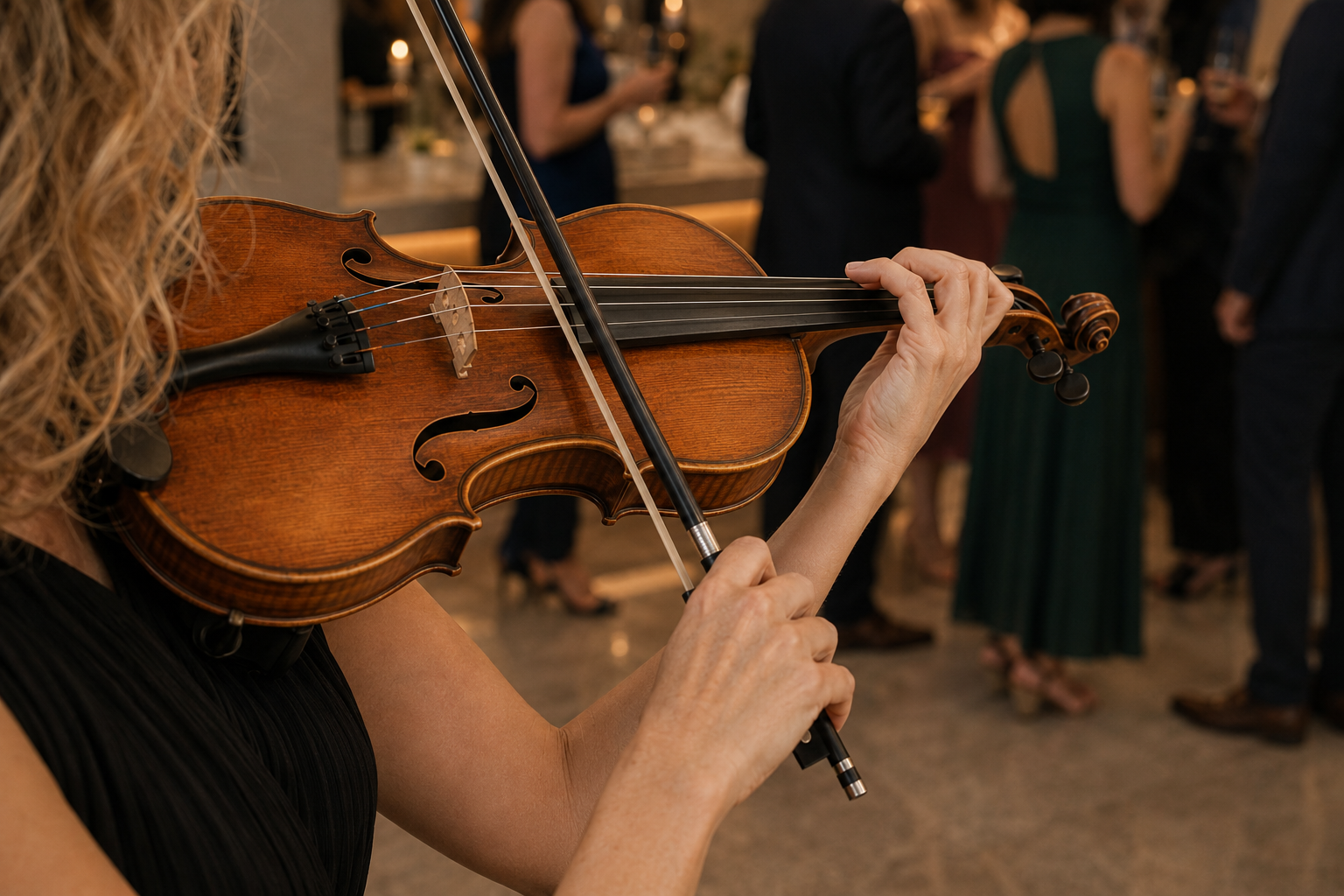 Close-up of a woman playing a violin at a formal event with people socializing in the background.