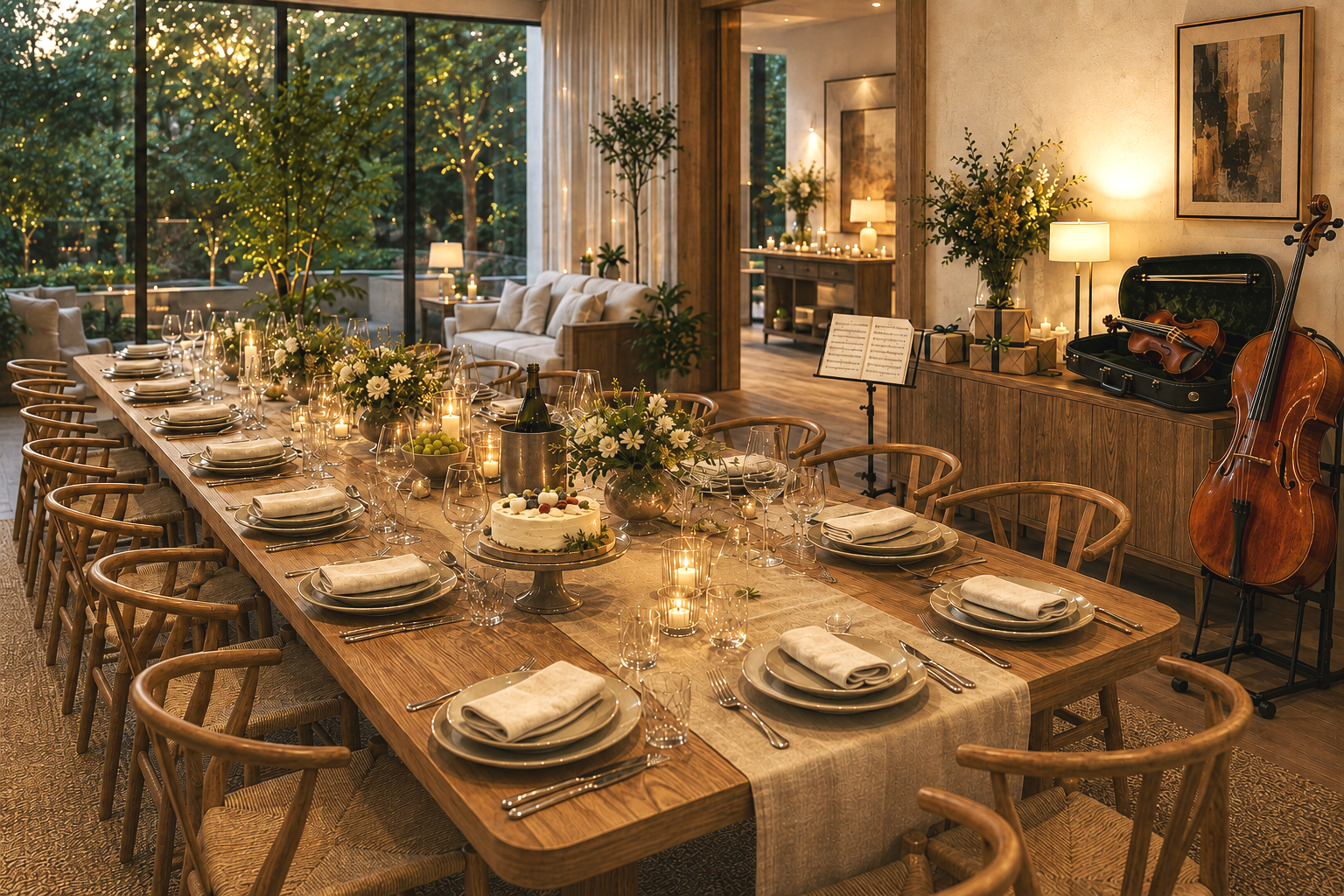 Elegant dining room set for a celebration with a wooden table, white plates, napkins, wine glasses, candles, and floral centerpieces, in a warmly lit space with large windows showing an outdoor view.