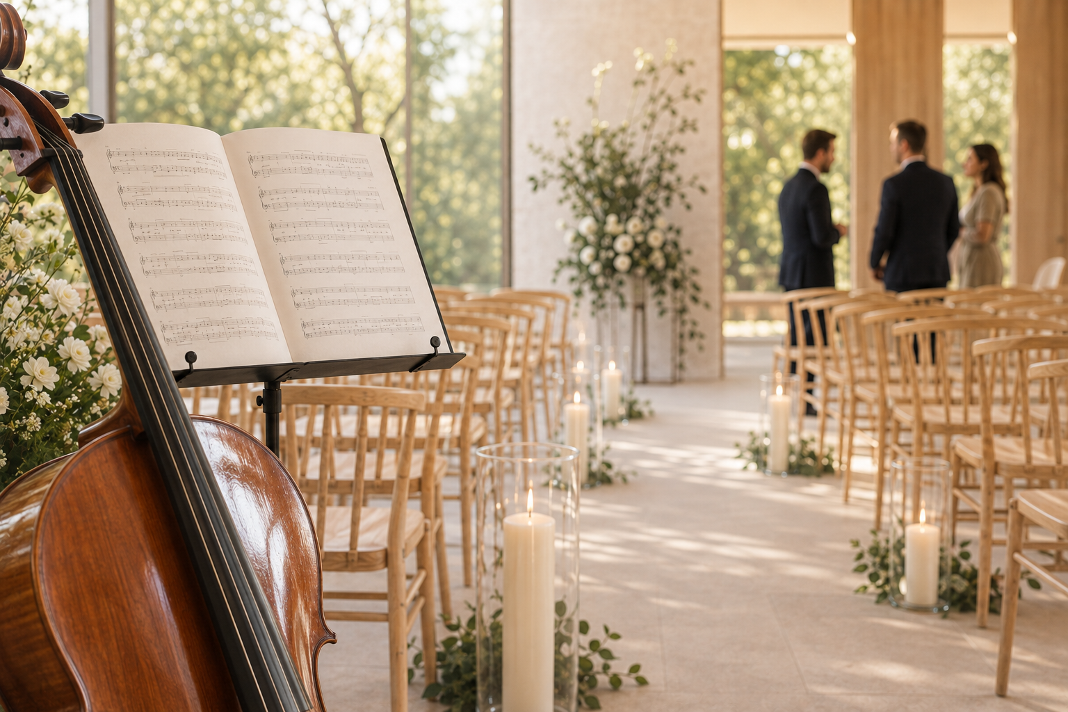 A wedding ceremony setup with a cello and sheet music in the foreground, rows of chairs, candles, and three people in conversation at the altar, with large windows and greenery outside.