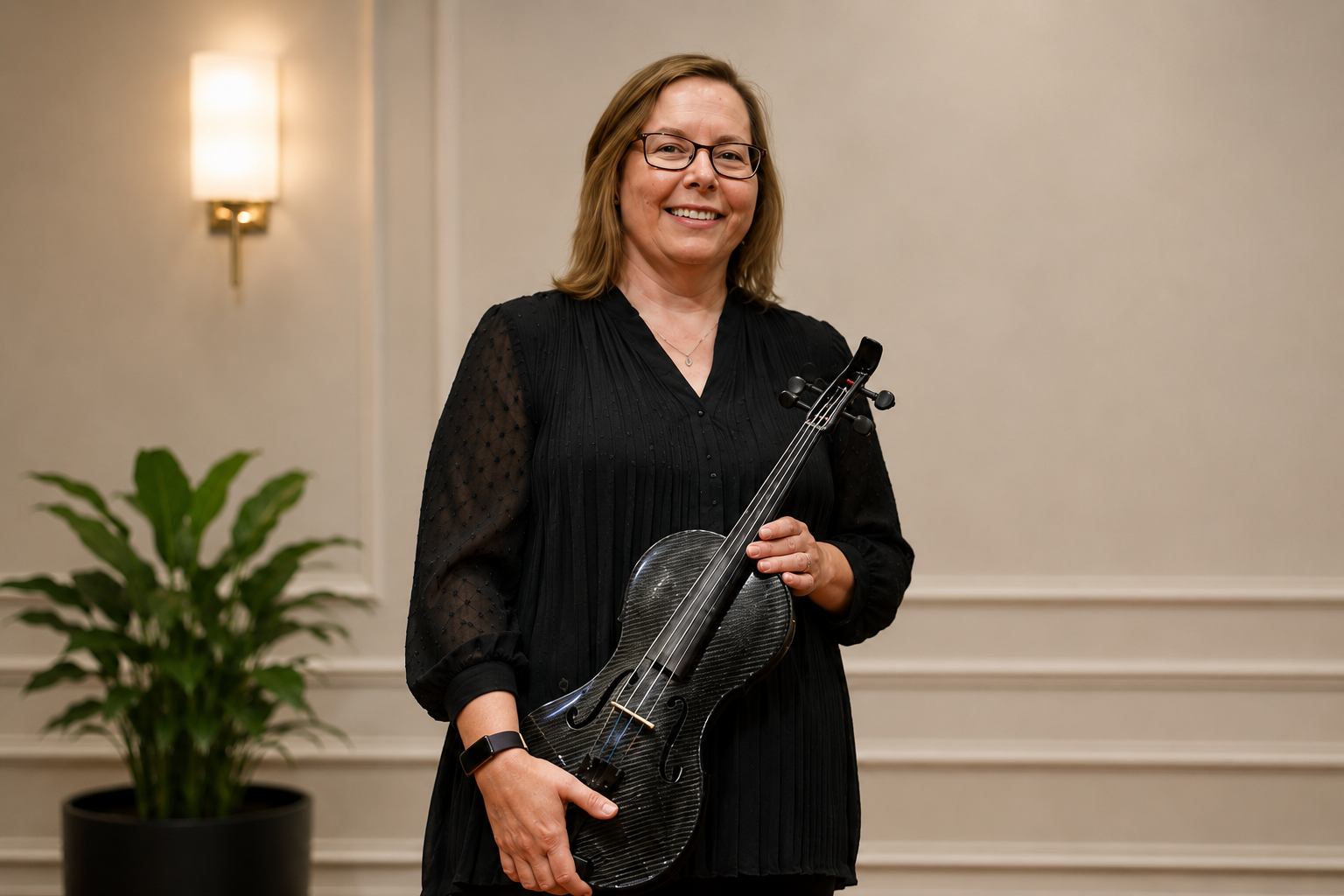 Woman in black dress holding a black carbon fiber violin in a room with beige walls and a potted green plant.