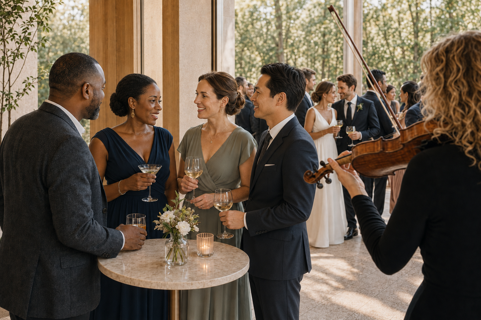 People dressed in formal attire socializing at a reception, with a musician playing the violin in the foreground.