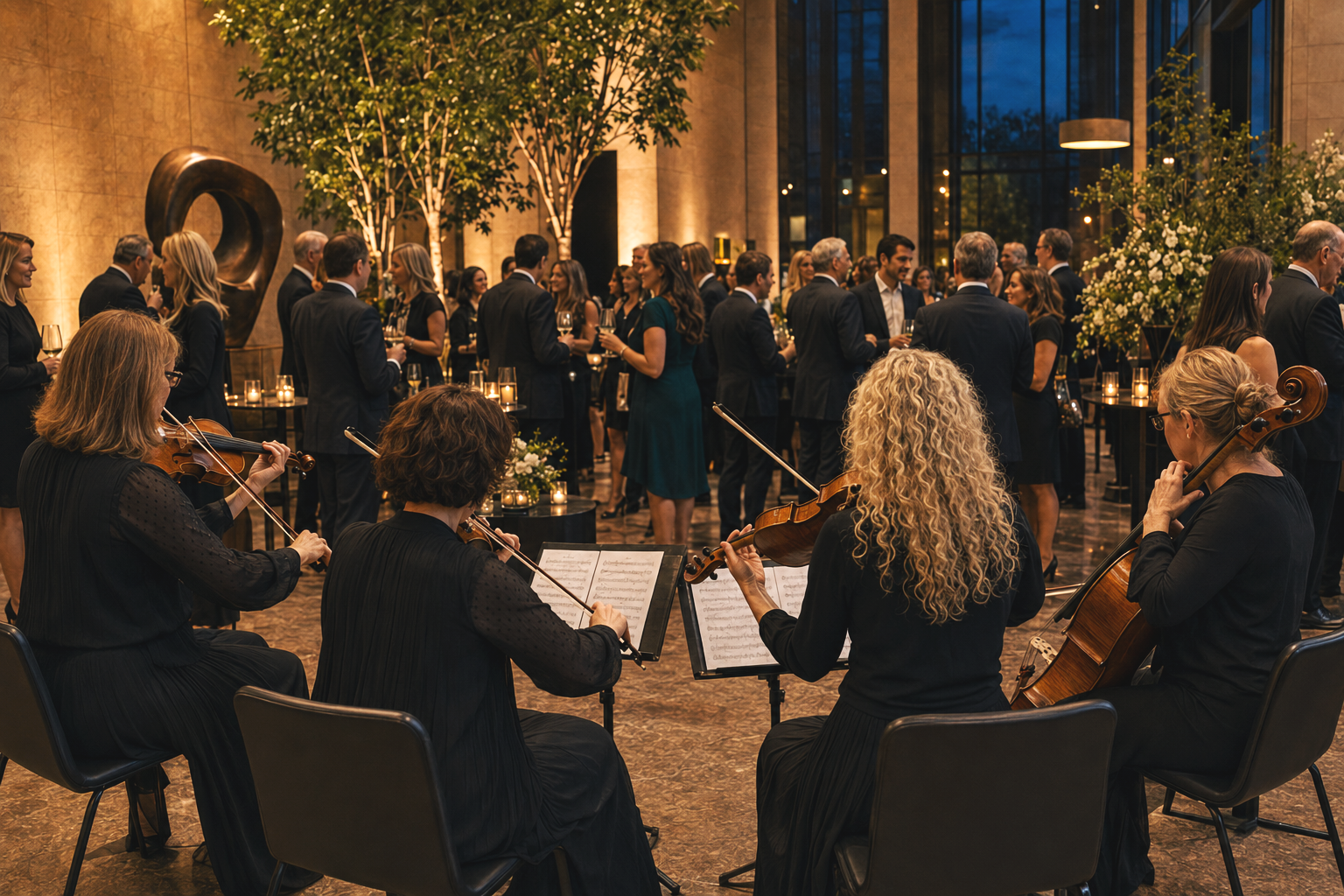 An indoor social event with people dressed in formal attire mingling, with a live string quartet performing in the foreground, and elegant decor including candles, trees, and large windows in the background.