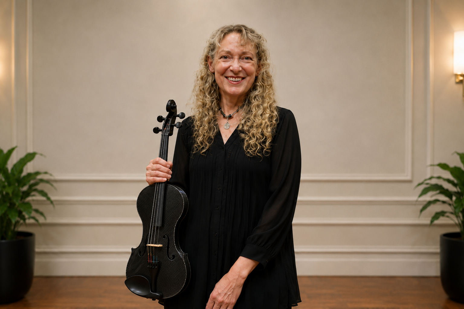 A woman with curly blonde hair smiling and holding a black electric violin while standing in a room with beige walls, potted plants, and wall-mounted lights.
