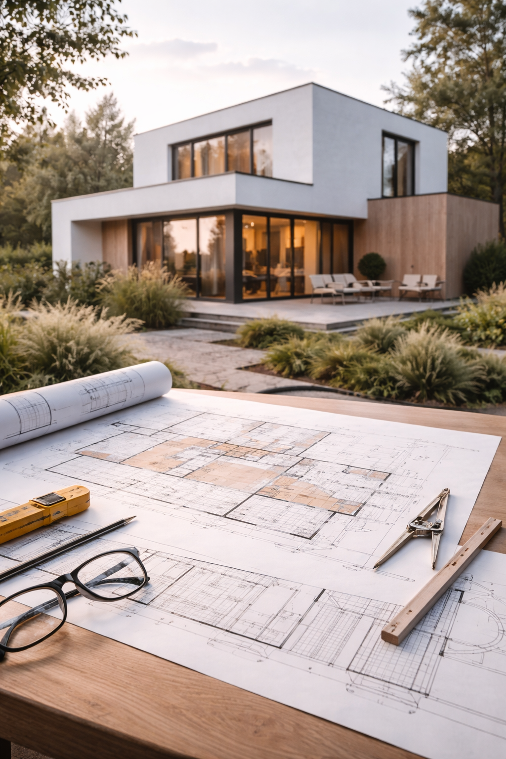 Architectural plans on a wooden table with eyeglasses, a ruler, a compass, and a measuring tape, with a modern two-story house in the background. The house has large glass windows, a patio with outdoor seating, and is surrounded by greenery.