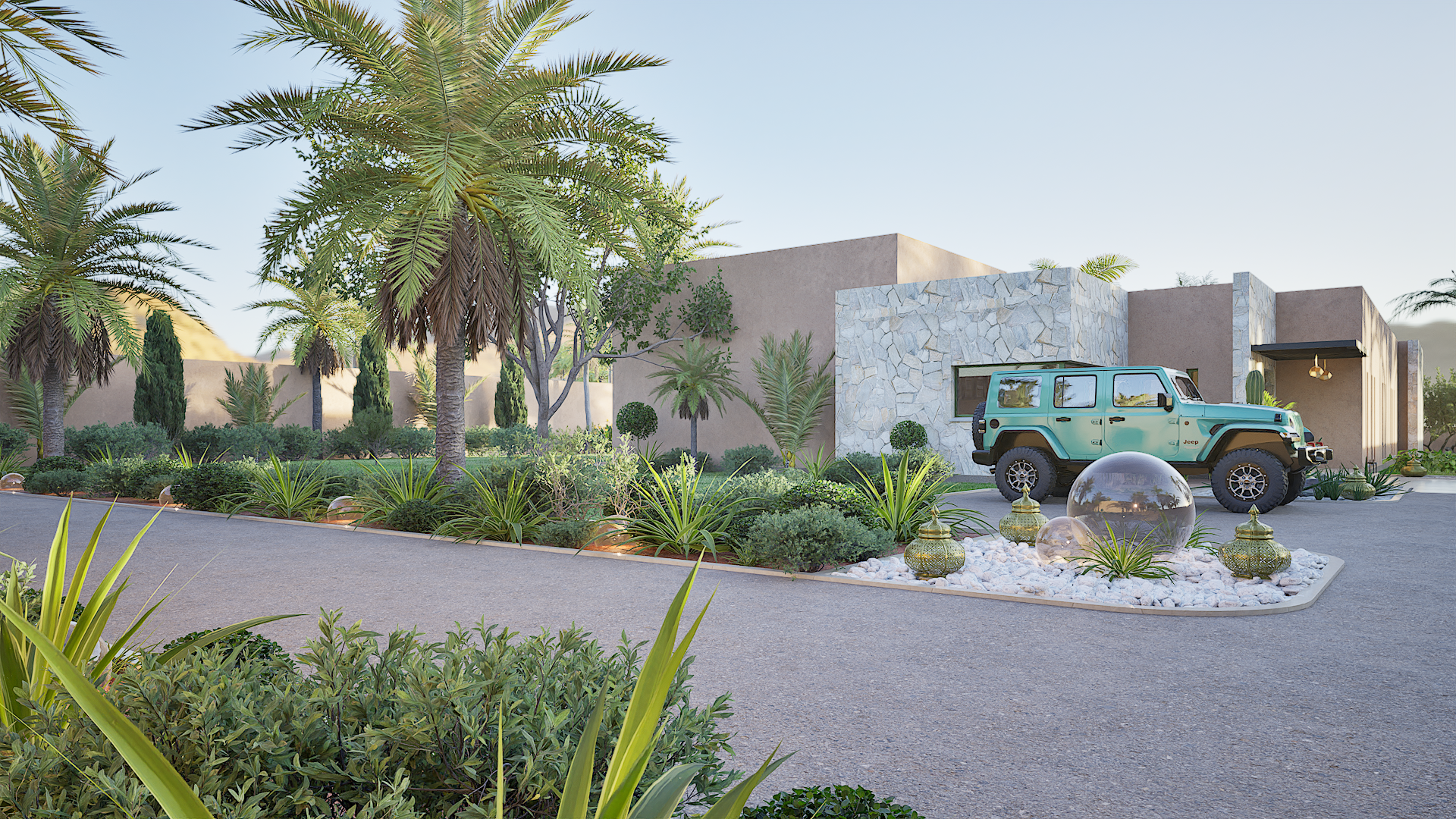 Modern house with stone and stucco facade, landscaped desert garden with palm trees, cactus, and succulents, light blue Jeep parked near entrance, decorative glass spheres and lanterns in gravel area, clear sky in background.