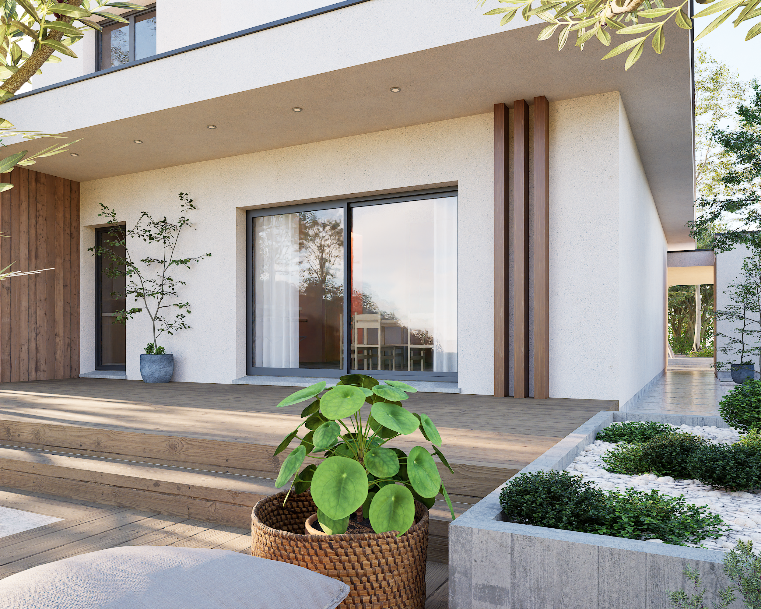 Modern house exterior with a wooden deck, large sliding glass doors, potted plants, and greenery.