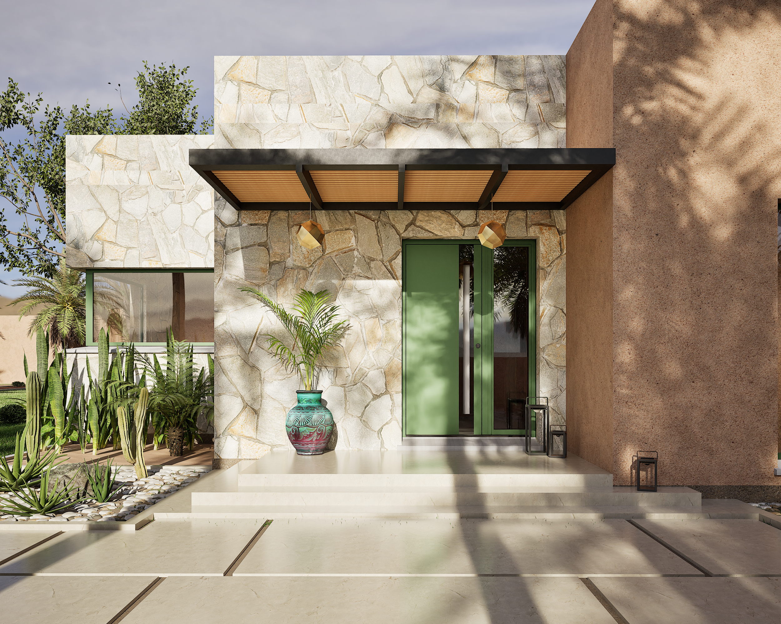Modern house entrance with stone and stucco walls, green door, potted plant, lanterns, and steps leading up to the door.