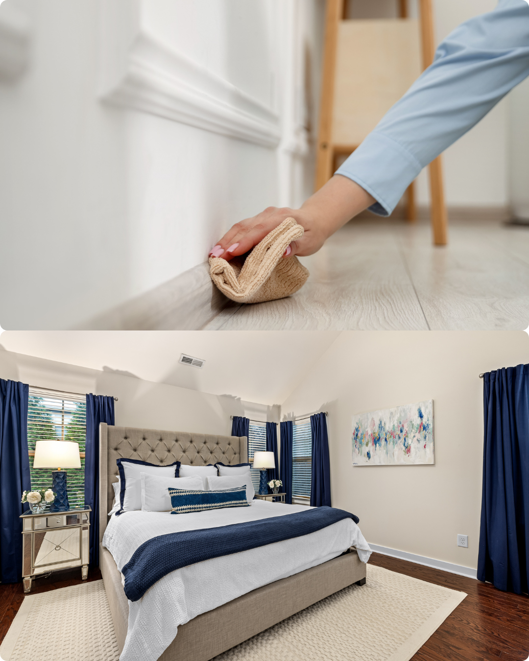 Person cleaning hardwood floor with a beige cloth, in a bedroom with a large bed, blue curtains, and artwork on the wall.