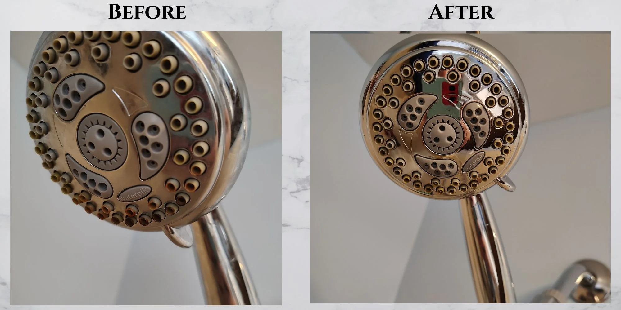 A before and after comparison of a showerhead. The "before" side shows a showerhead with clogged or dirty nozzles, while the "after" side shows the same showerhead with clean nozzles and highly polished, mirror like finish. Tam-Ezz Touch Cleaning LLC