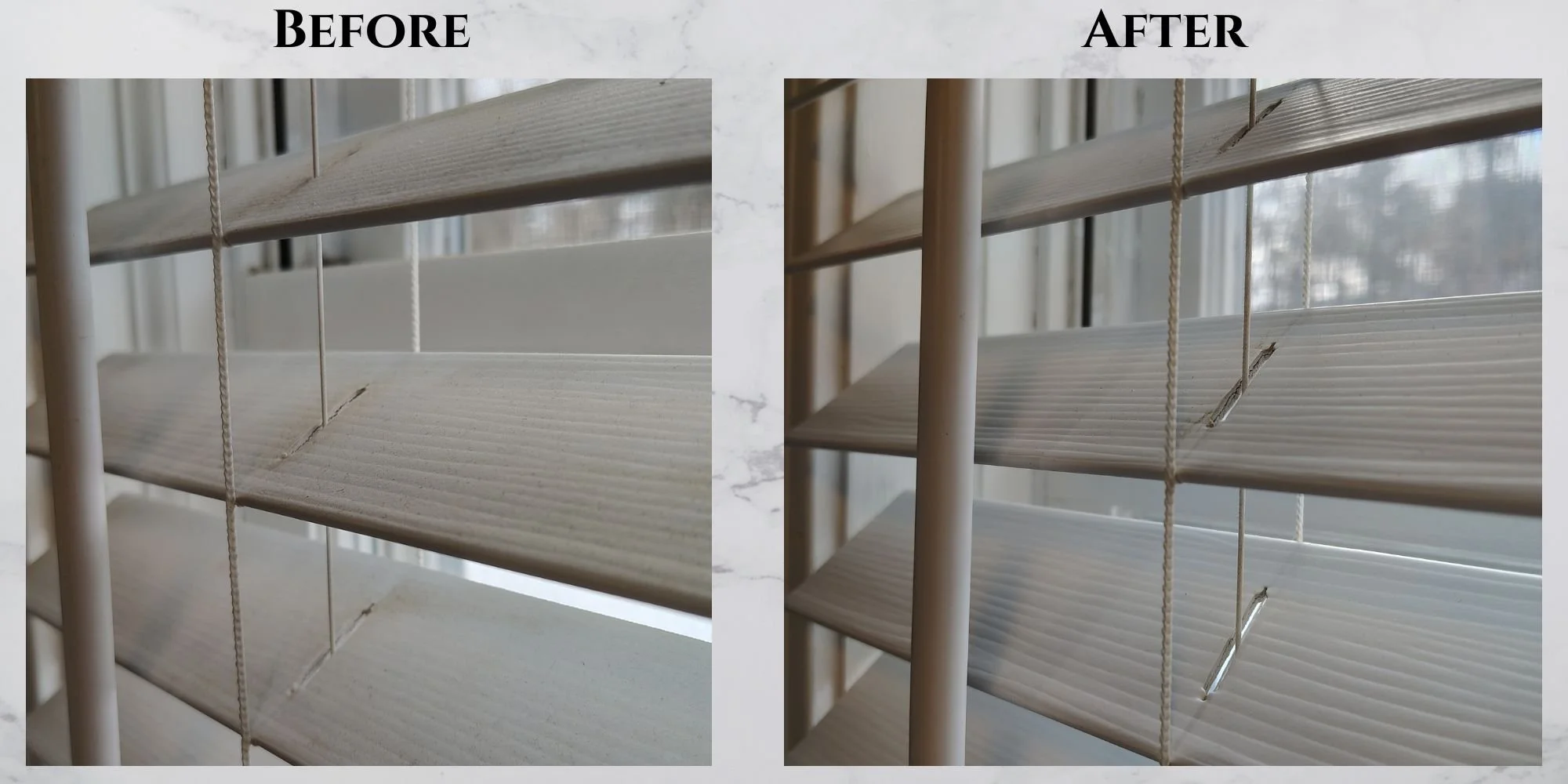 Side-by-side comparison photo of a wooden window blind with slats, showing dirt and dust to the slats before (left) and after (right) meticulously cleaned. Deep Clean by Tam-Ezz Touch Cleaning LLC. Pembroke, NH.