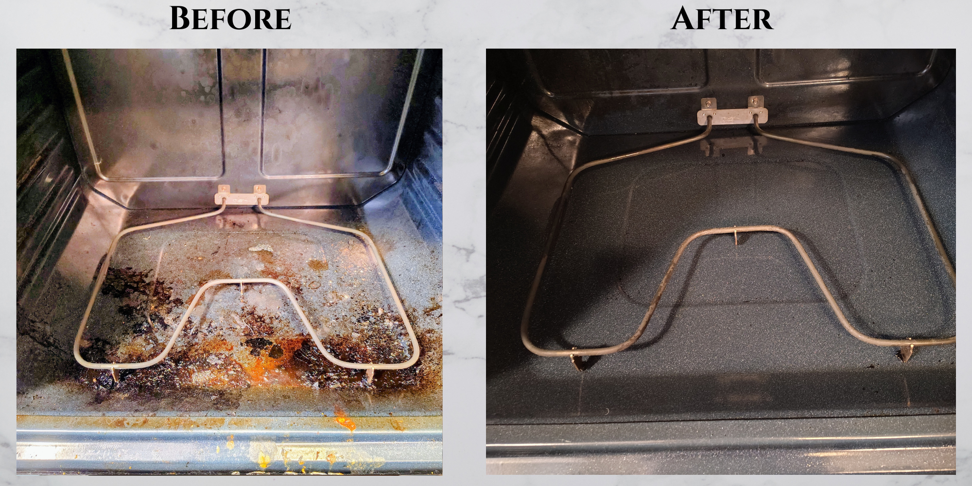 Comparison of the inside of an oven before and after cleaning. The left side shows a dirty oven with burnt food and grease, while the right side shows a clean, spotless oven interior.