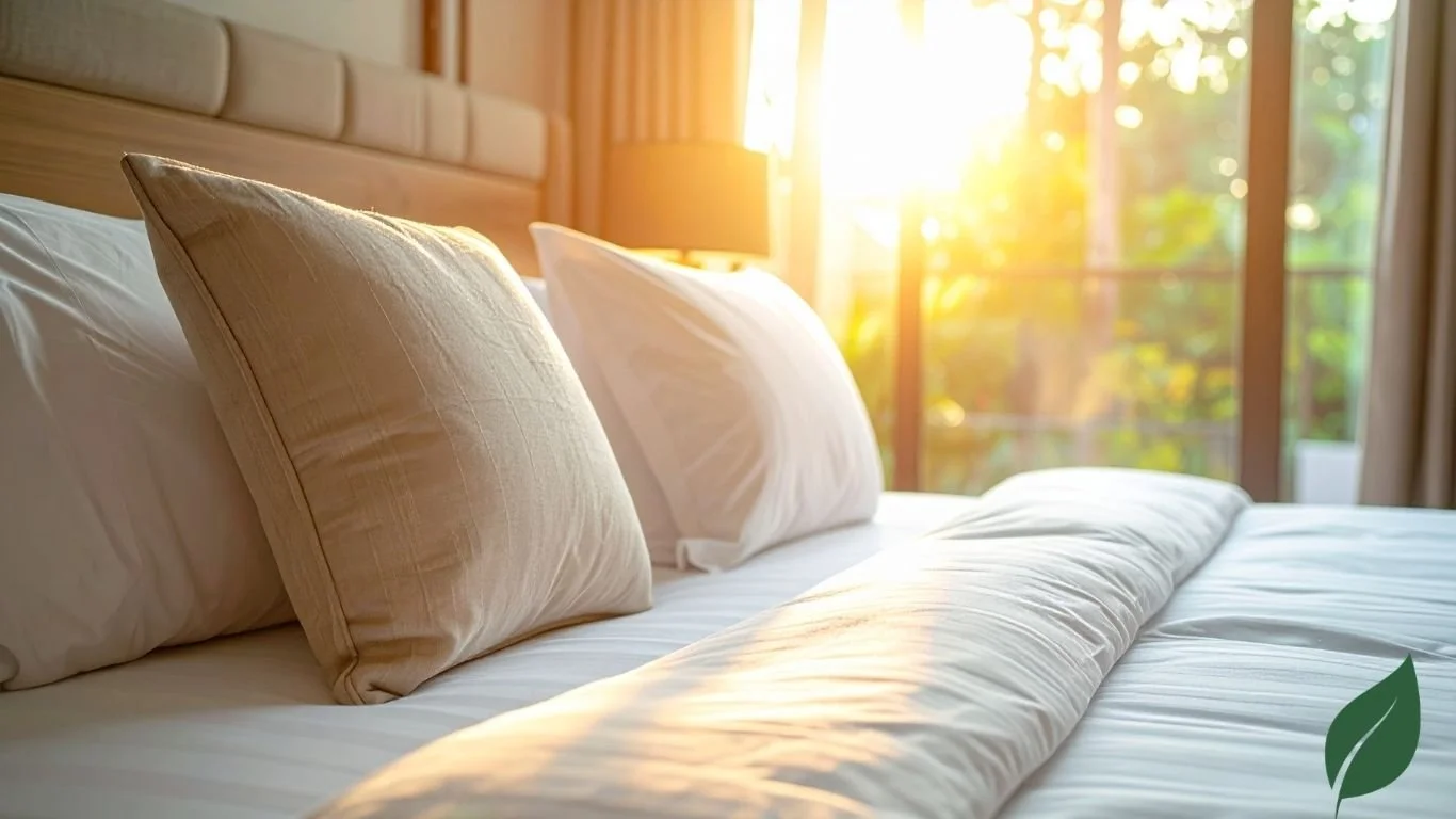 Sunlight streaming through a window onto a neatly made bed with white sheets and beige pillows in a cozy bedroom.