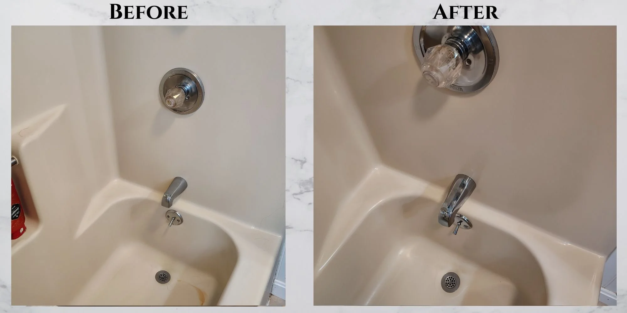 Comparison of a shower area before and after cleaning, showing removal of grime and soap scum from the walls and fixtures. Meticulous restoration by Tam-Ezz Touch Cleaning LLC serving Pembroke, NH and the greater Concord Area.