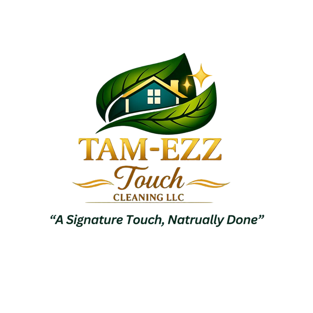 Tam-Ezz Touch Cleaning LLC logo with teal house and leaf silhouette, featuring the tagline: Signature Touch, Naturally Done."