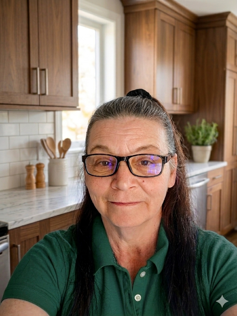 Tammy Lynn Stroh, owner of Tam-Ezz Touch Cleaning LLC, in a professional headshot wearing a dark forest green polo shirt in a bright kitchen."
