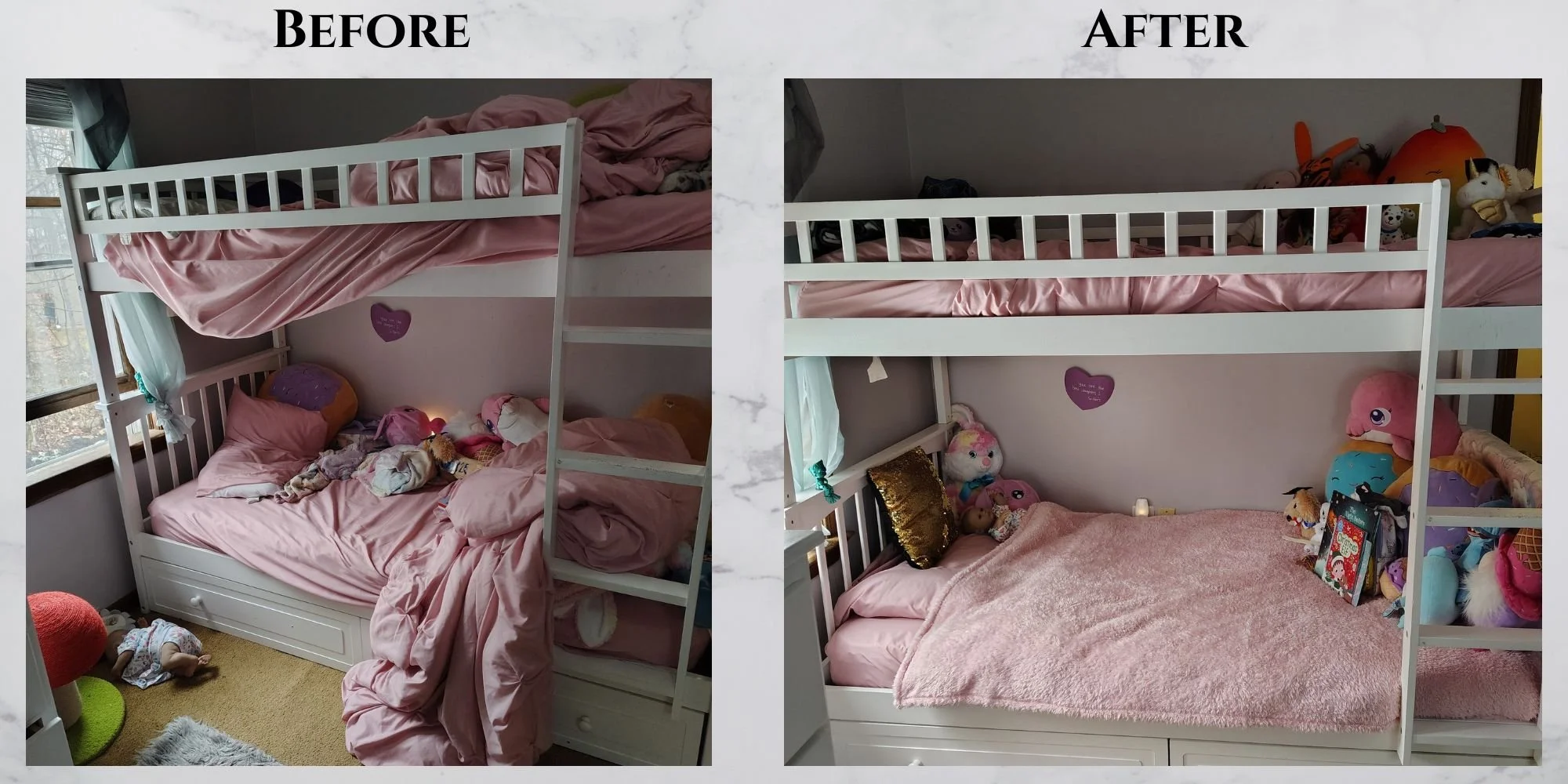 Comparison of a bunk bed setup before and after tidying, with pink bedding and stuffed animals.
