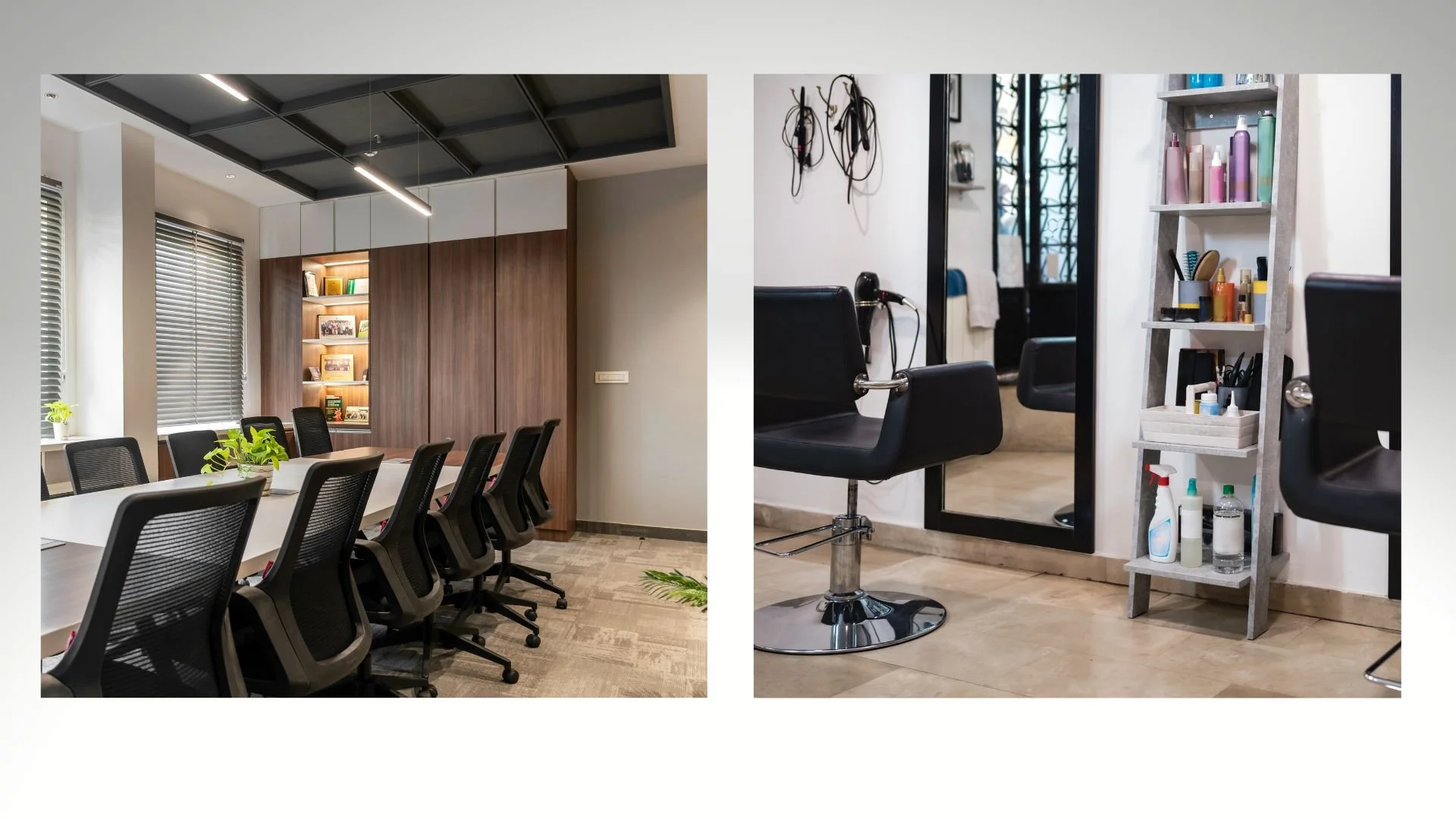 A split image showing a professional meeting room on the left with a long conference table, black chairs, and built-in wall shelves, and a hair salon on the right with black salon chairs, a mirror, and shelves with hair products and styling tools.