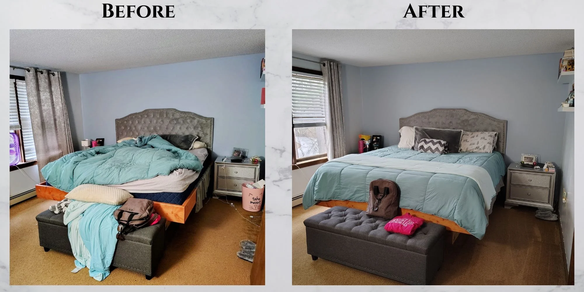 Comparison of bedroom before and after cleaning, showing a tidy bed with light blue bedding, gray headboard, and organized items on side tables.