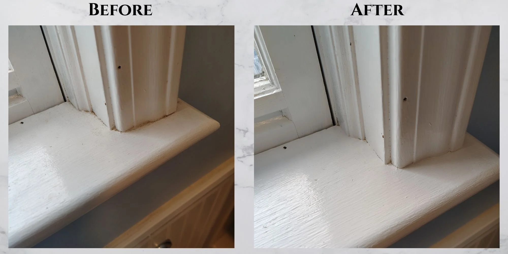 Side-by-side comparison of a windowsill and trim before and after darker dirty edges. After shows shiny, brighter clean surface. Deep Clean by Tam-Ezz Touch Cleaning LLC. Pembroke, NH and greater Concord area.
