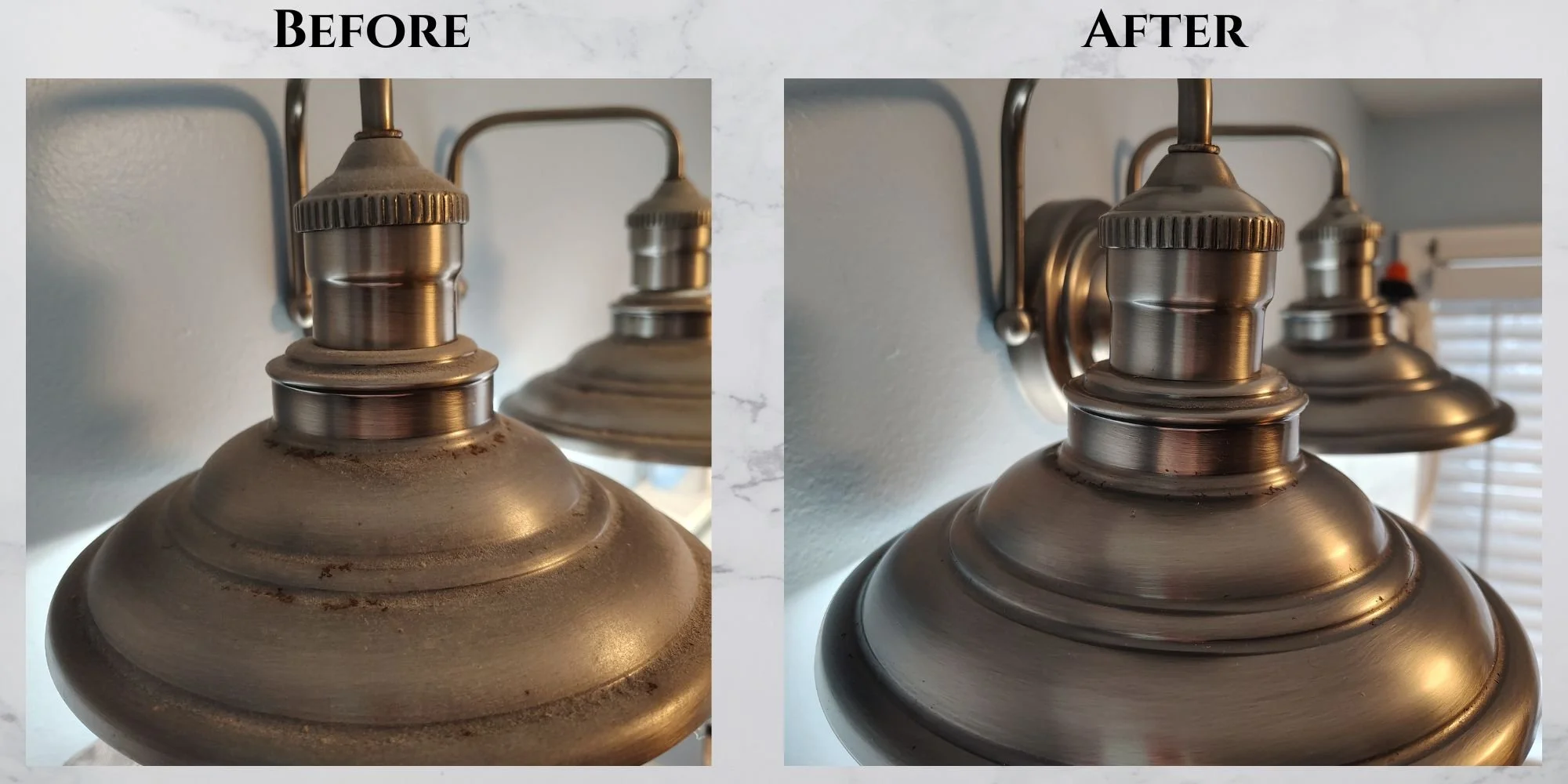 A side-by-side comparison of a metallic light fixture before and after cleaning. The "before" side shows a dusty, tarnished, and dirty fixture, while the "after" side shows a shiny, clean, and polished. Deep Clean by Tam-Ezz Touch Cleaning LLC. NH