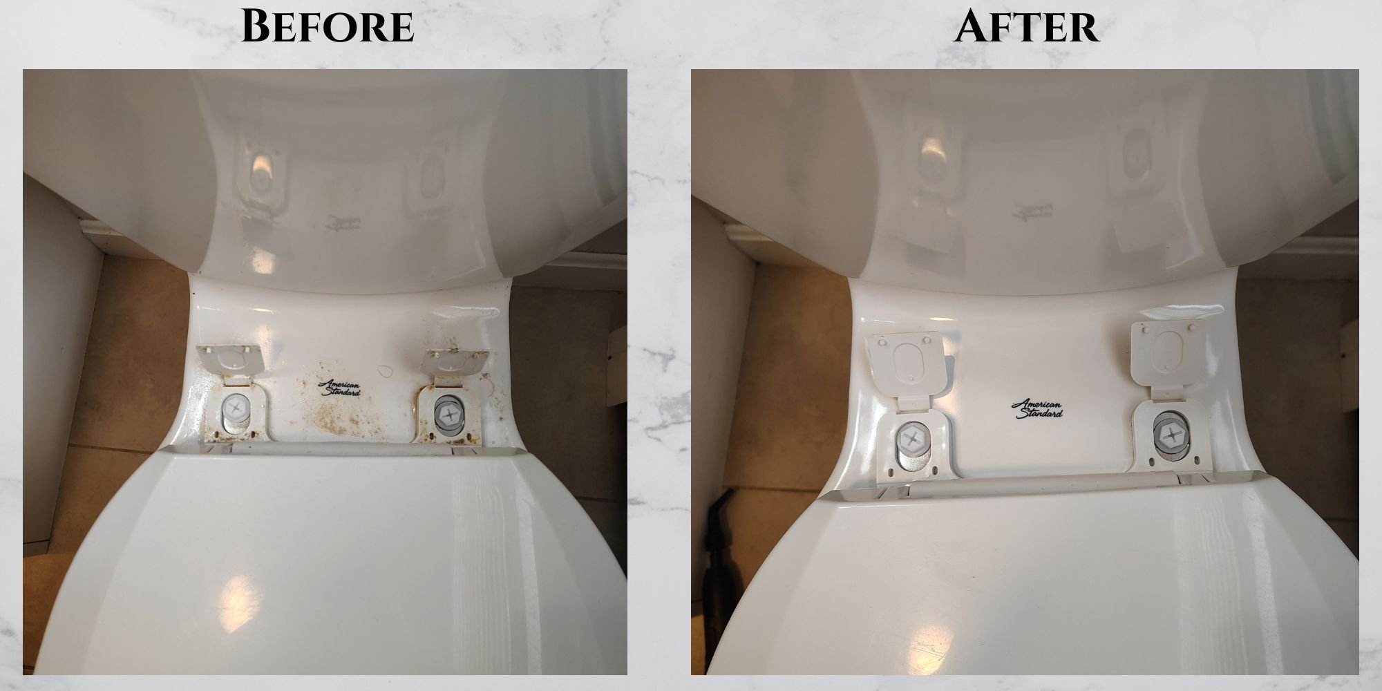 Comparison photo of toilet before and after cleaning. The 'before' side shows dirt and stains around the toilet seat hinges, while the 'after' side shows a clean, white toilet with no stains. Meticulous clean by Tam-Ezz Touch Cleaning LLC. Pembroke