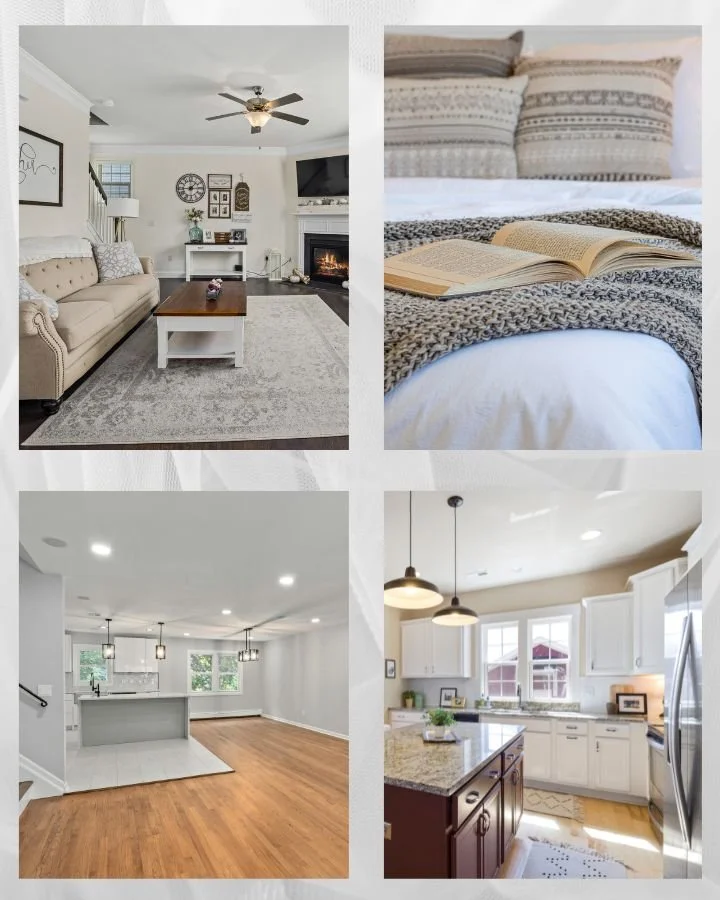A collage of four images showing different areas of a house. The top left image depicts a living room with a beige sofa, white walls, a ceiling fan, and a fireplace. The top right image shows a close-up of a bed with a book and patterned pillows. The bottom left image features an empty dining area with wood flooring and hanging lights. The bottom right image showcases a kitchen with white cabinets, granite countertops, and pendant lighting.
