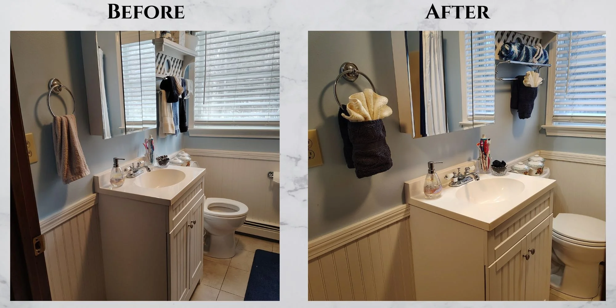 Side-by-side comparison of a bathroom before and after cleaning. The 'Before' image shows a cluttered bathroom with towels and items on the sink and a dark door. The 'After' image shows a tidy bathroom with clean surfaces, neatly folded towels, and n