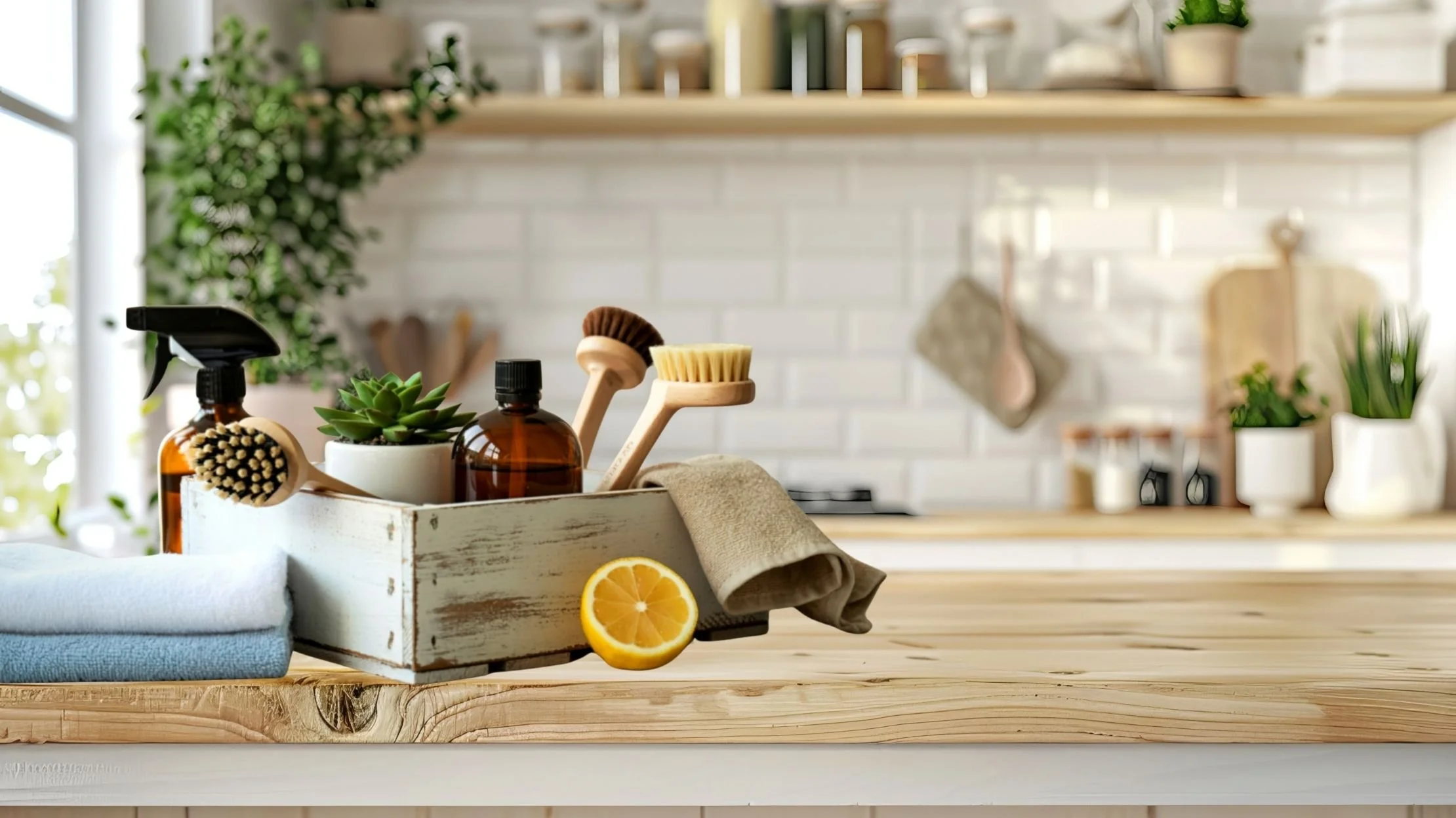 A wooden tray on a kitchen counter holding cleaning supplies, a small succulent plant, a lemon half, and a rolled-up towel, with a bright kitchen background featuring plants and shelves.