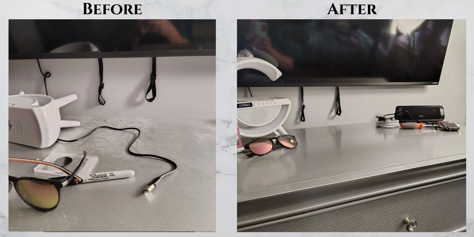Comparison of two images showing a desk before and after organization. The before image has clutter including sunglasses, a pen, and tangled cords. The after image shows the same desk cleaned and organized with some items like sunglasses, a speaker, 