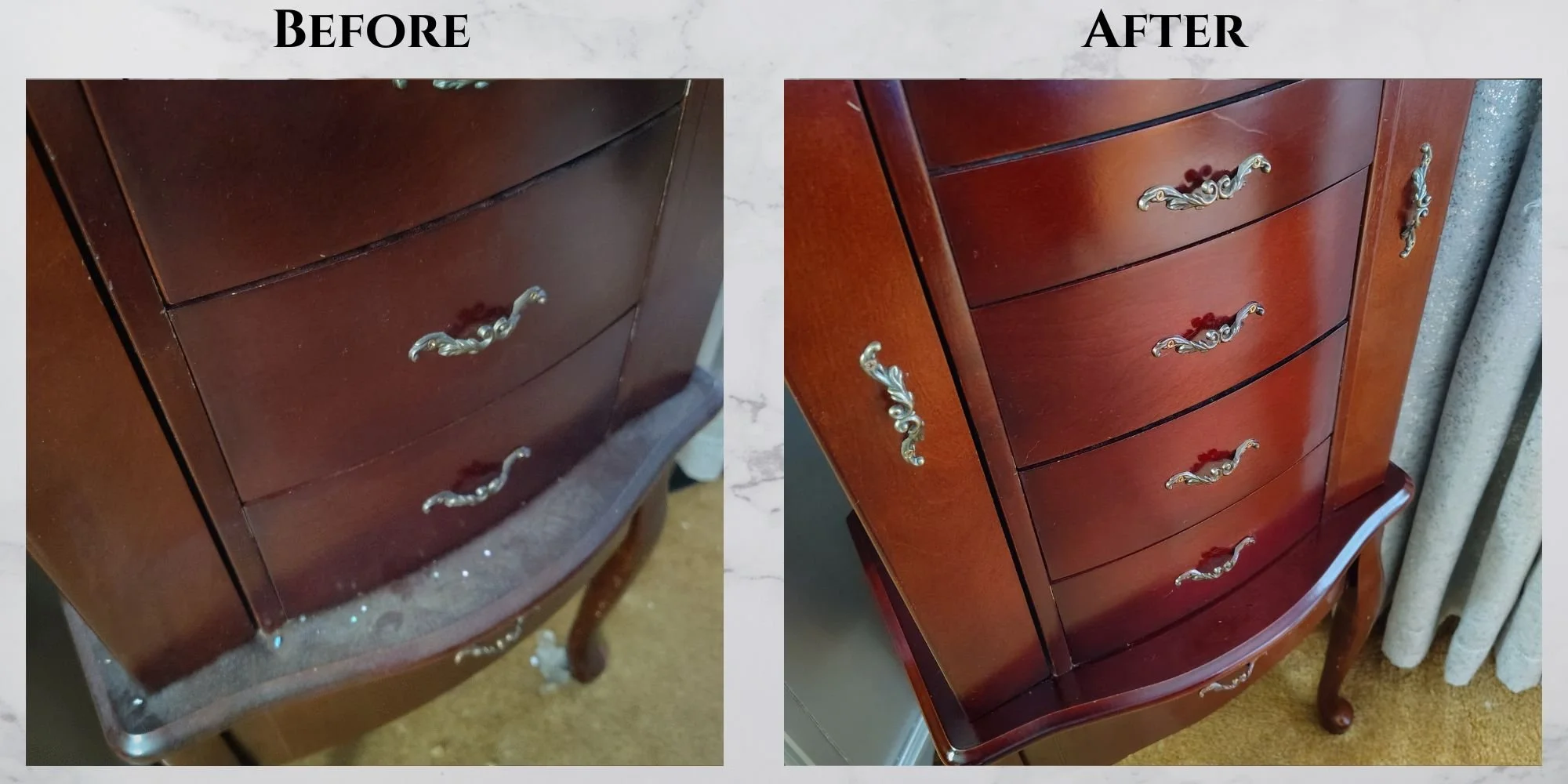 Side-by-side comparison of a wooden dresser before and after cleaning or polishing, showing shinier, more polished surface after.