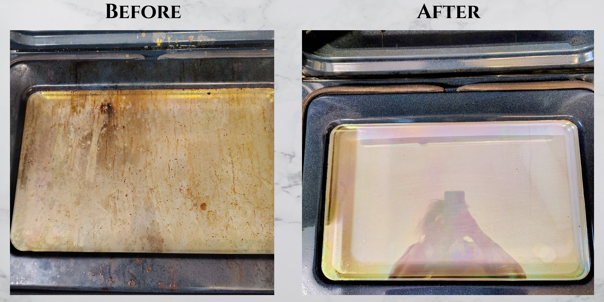Comparison of a dirty, stained oven tray before and a clean, shiny oven tray after cleaning.