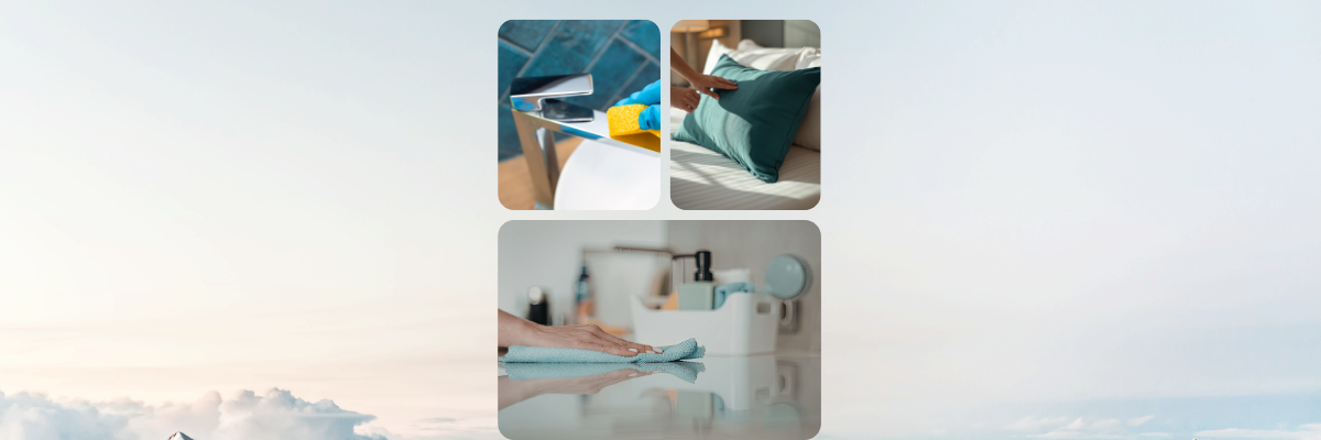 Collage of cleaning tasks: disinfecting a toilet, making a bed, and wiping a bathroom counter.