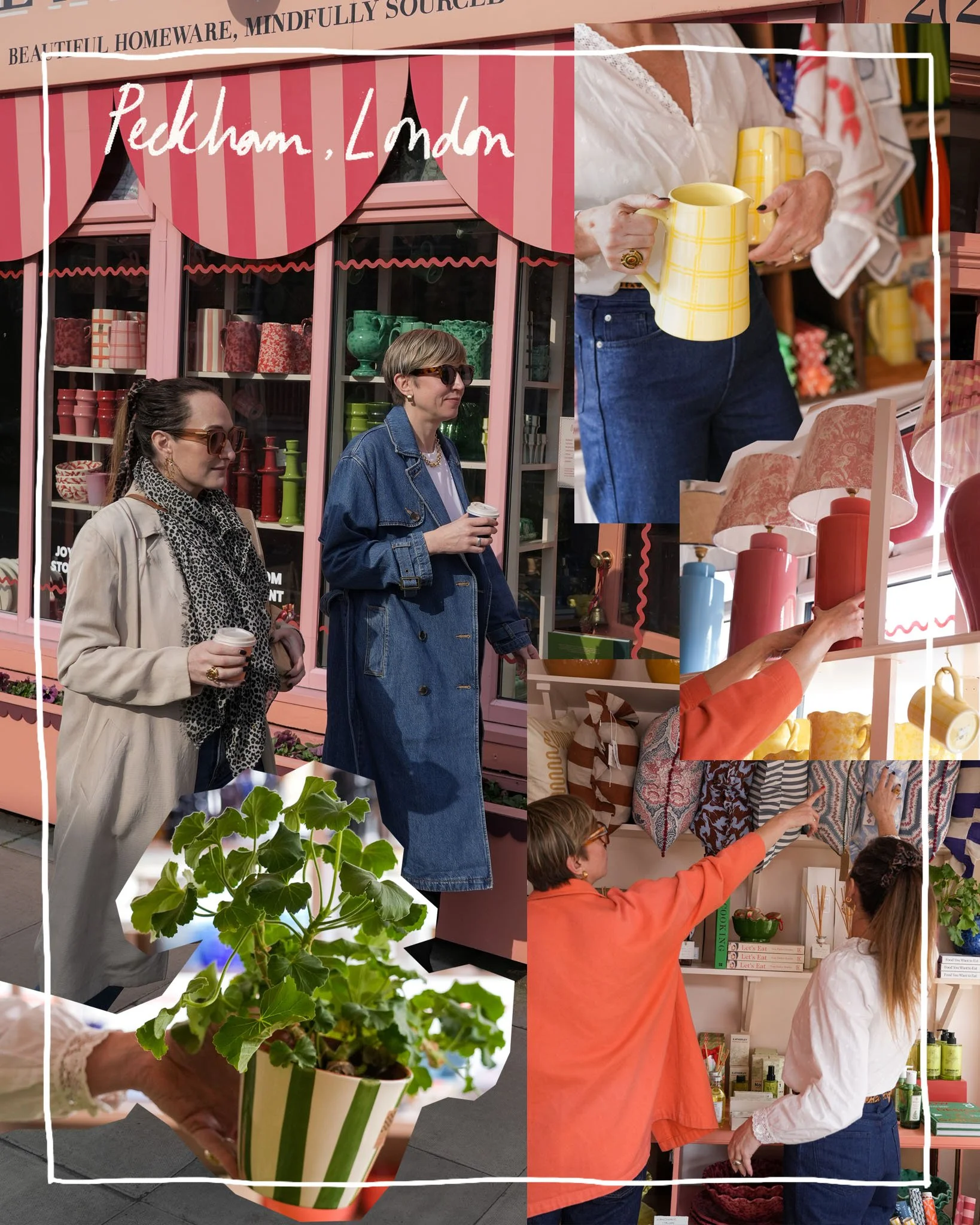 People shopping for home decor and pottery outside a pink storefront with striped awnings, browsing lamps, ceramics, and plants.