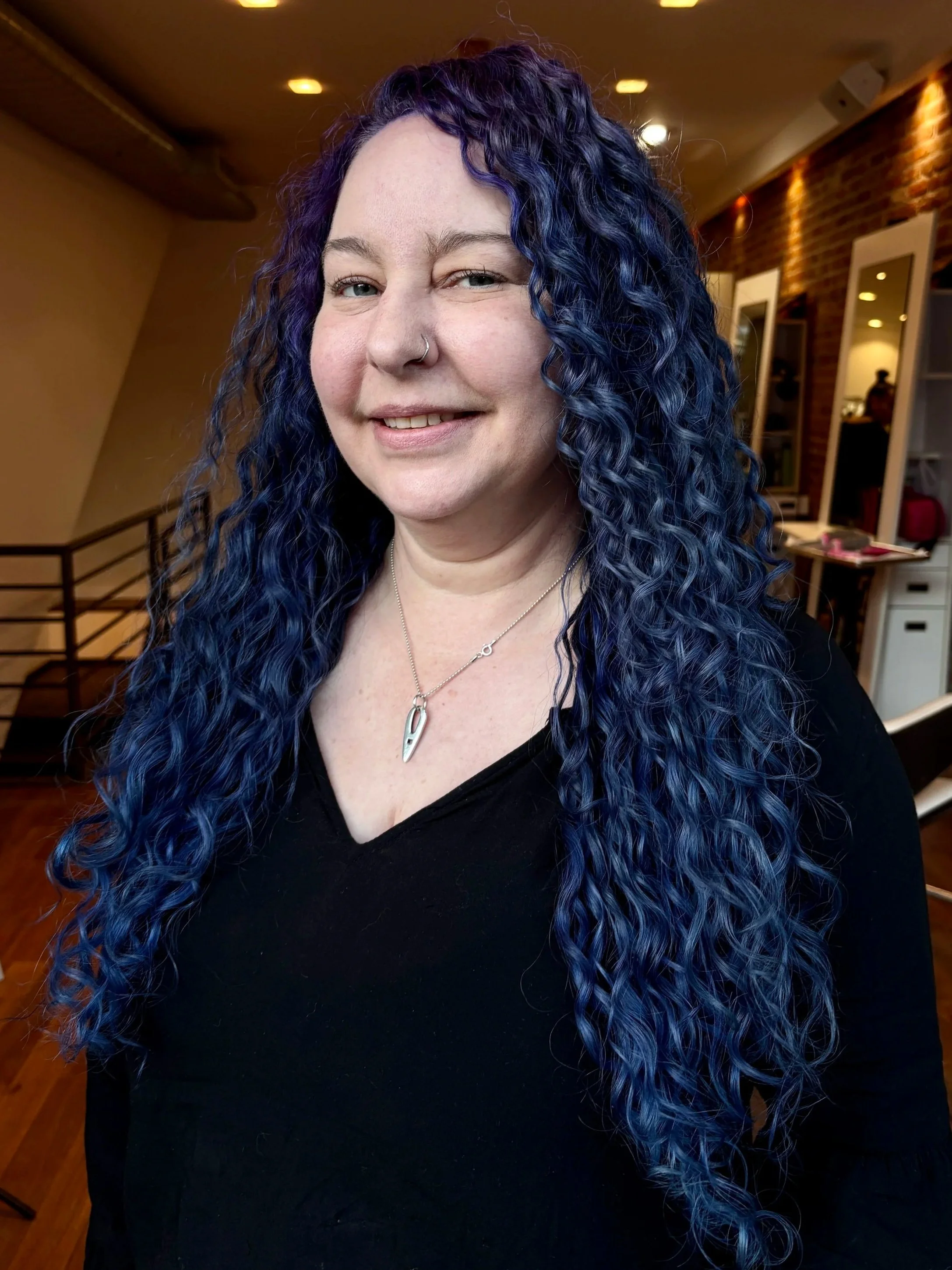 long curly deep blue hair