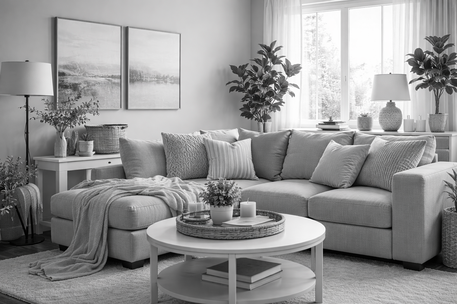 A cozy living room in black and white with a large sectional sofa filled with pillows, a round coffee table with candles and a potted plant, a side table with decor items, large windows with curtains, and potted plants near the window.