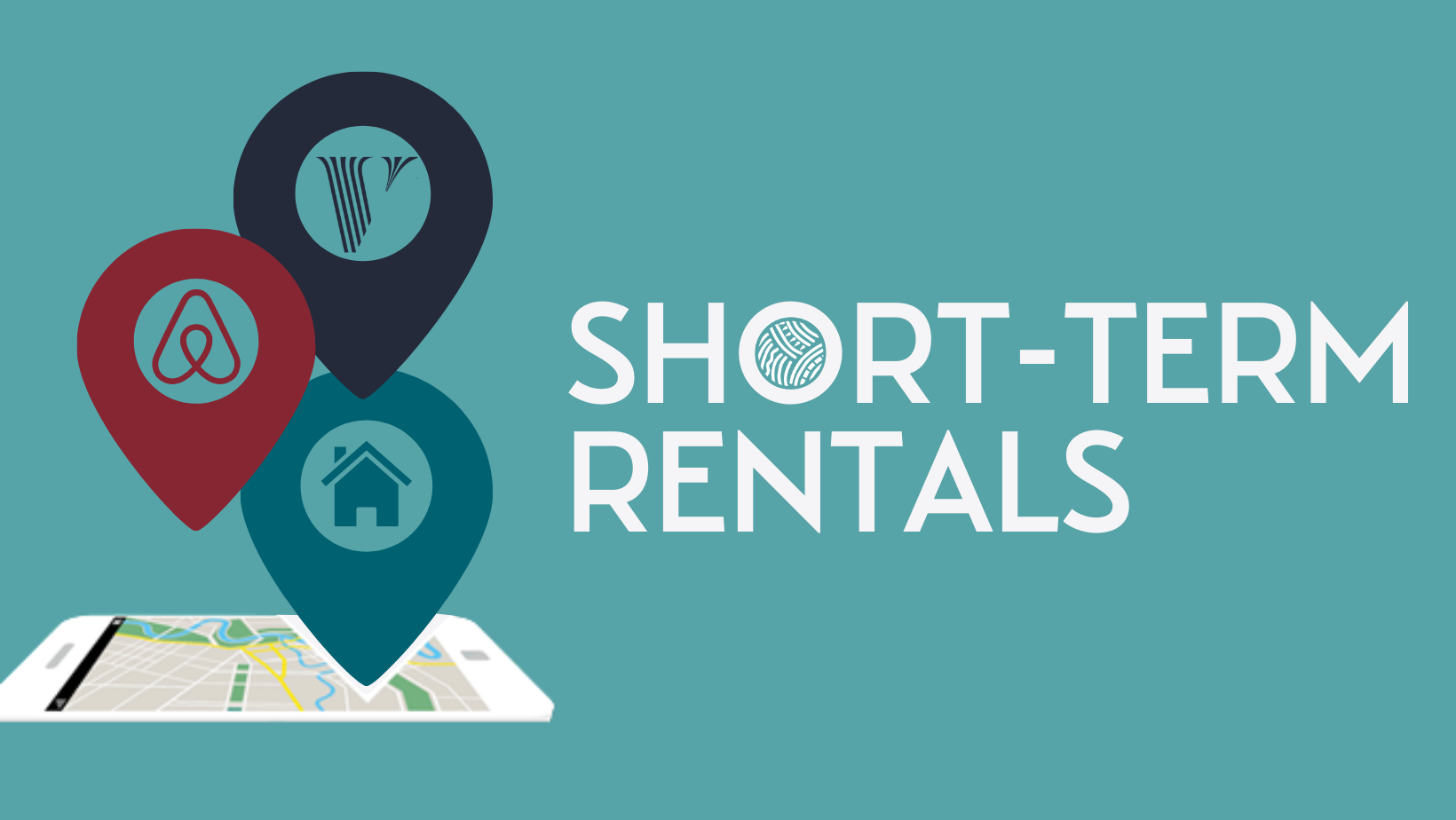 A graphic with map location pins indicating short-term rentals, including icons for a house, an Airbnb logo, and a pin with a coffee cup, alongside the text "Short-Term Rentals" with a globe icon within the word "Short".
