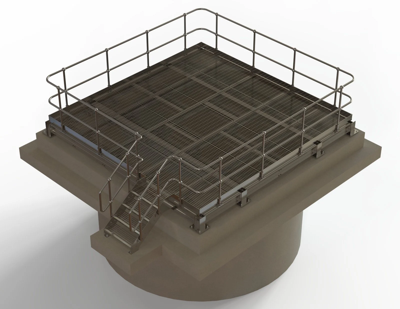 A metal platform with safety railings, a staircase, and a grated surface, set on a concrete base.