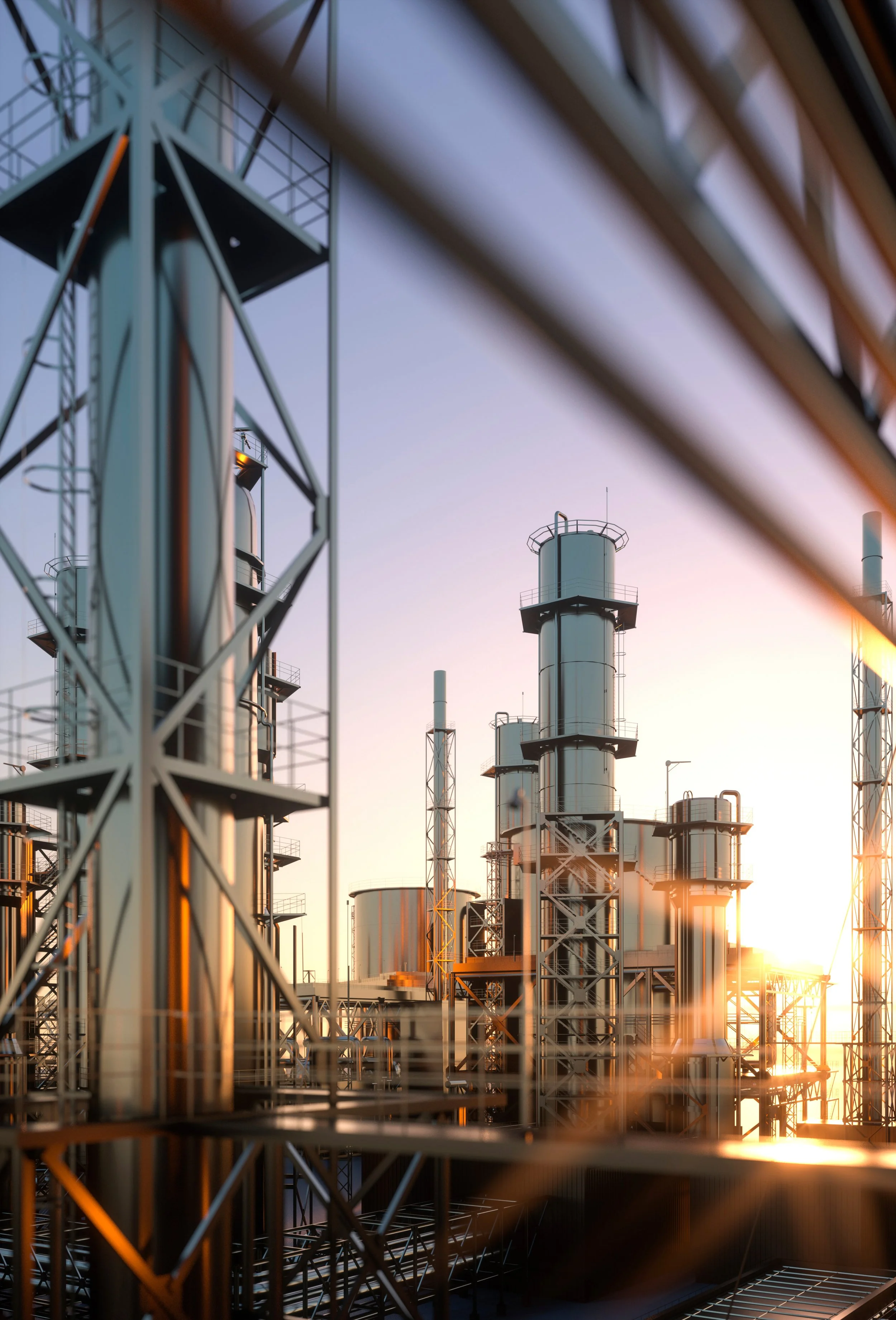 Industrial facility or refinery with tall metal structures and tanks illuminated by sunset light.