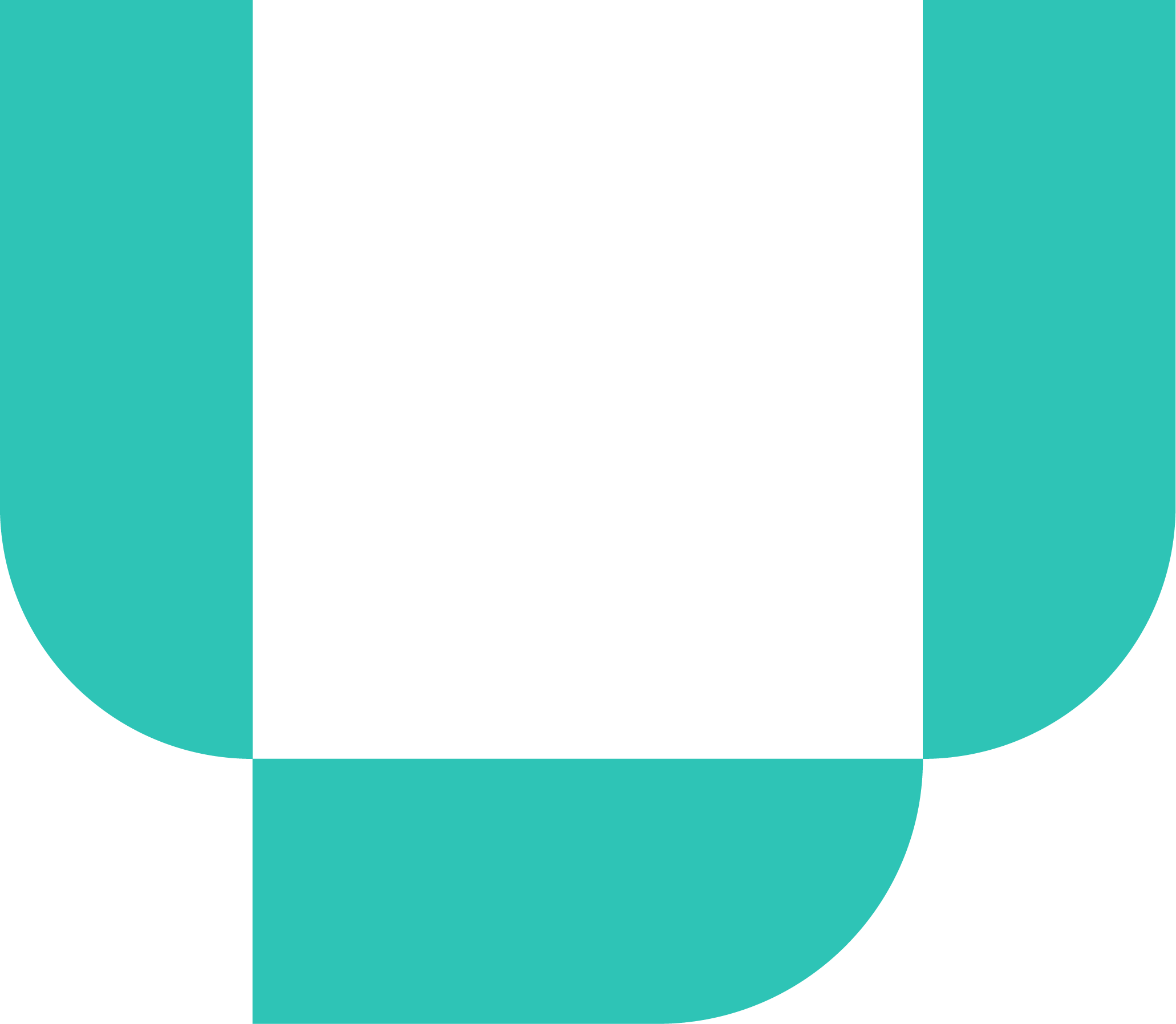 An abstract logo with a black background, teal borders on the sides, and a stylized black letter 'U' in the center.