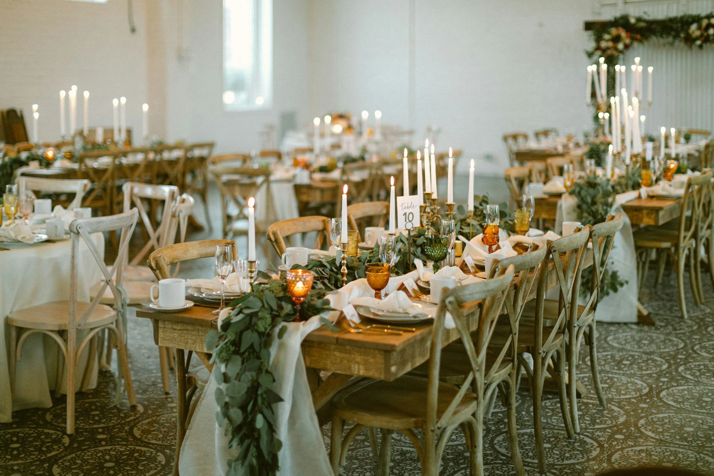 wedding table layout, table numbers and candles, dressed for wedding venue, stunning, boho