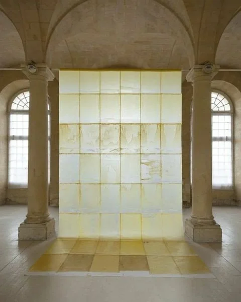A large illuminated panel made of glowing, marble-like tiles is positioned between two wide stone columns inside a spacious room with tall windows and a vaulted ceiling.