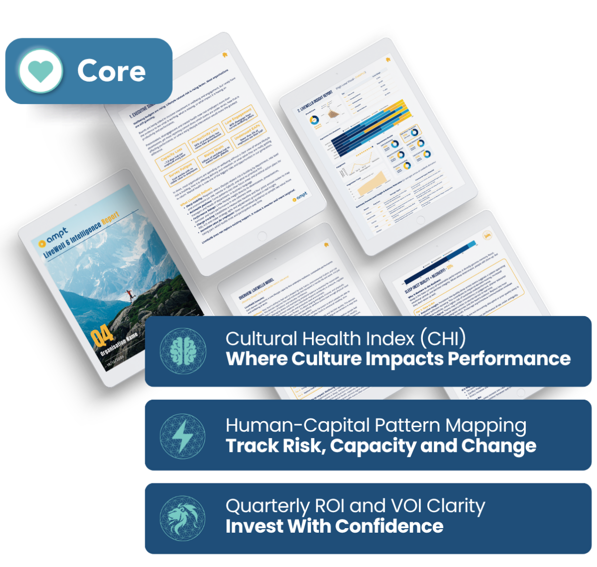 Ampt's Core option - Cultural Health Baseline. Where organisations get a baseline profile of their cultural health. Highlights include 'Human-Capital Pattern Mapping,' 'Track Risk, Capacity and Change,' and 'Invest With Confidence.'