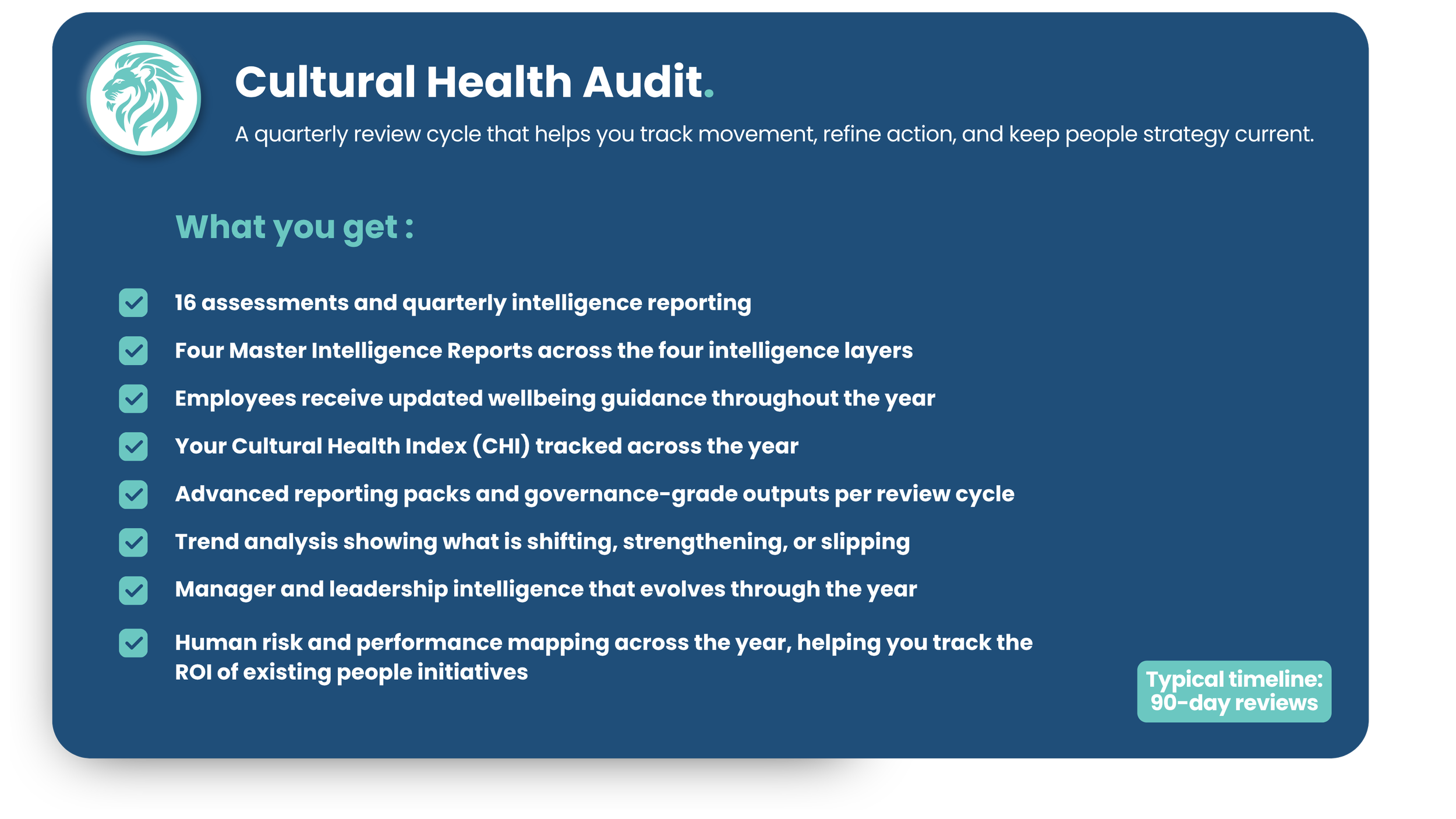 A promotional slide for the Cultural Health Audit program. The slide has a blue background with a lion head logo in a circular emblem at the top left corner. The title reads 'Cultural Health Audit' in bold white text, followed by a description: 'A quarterly review cycle that helps you track movement, refine action, and keep people strategy current.' The main content lists benefits of the program in bullet points with checkmarks, covering assessments, reports, employee wellbeing guidance, the Cultural Health Index, governance outputs, trend analysis, leadership intelligence, and human risk mapping. A teal box at the bottom right indicates a 'Typical timeline: 90-day reviews'.