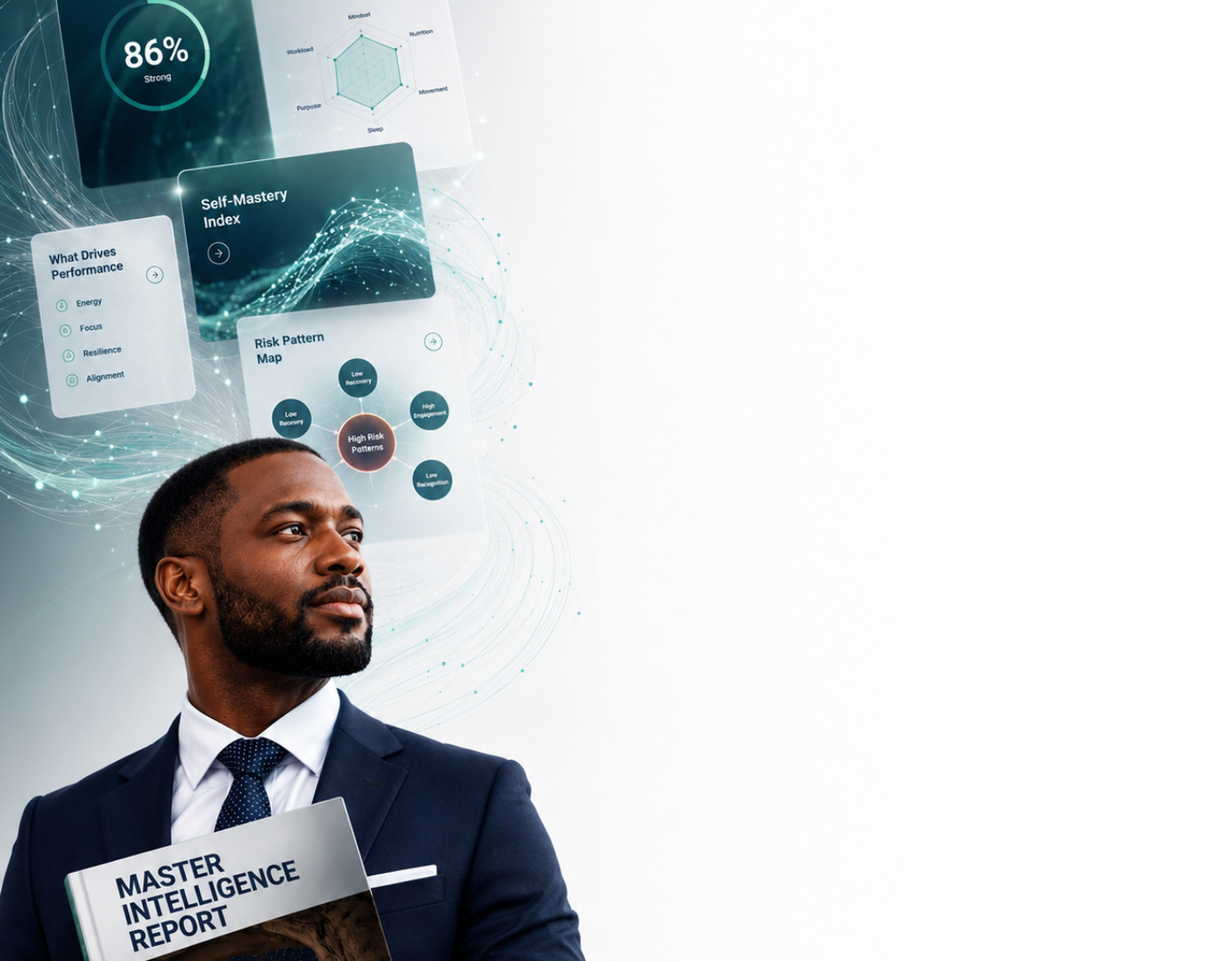 A man in a suit holding an Ampt report titled "Master Intelligence Report" looking upward with digital data visualizations and charts supporting his organisations people strategy.