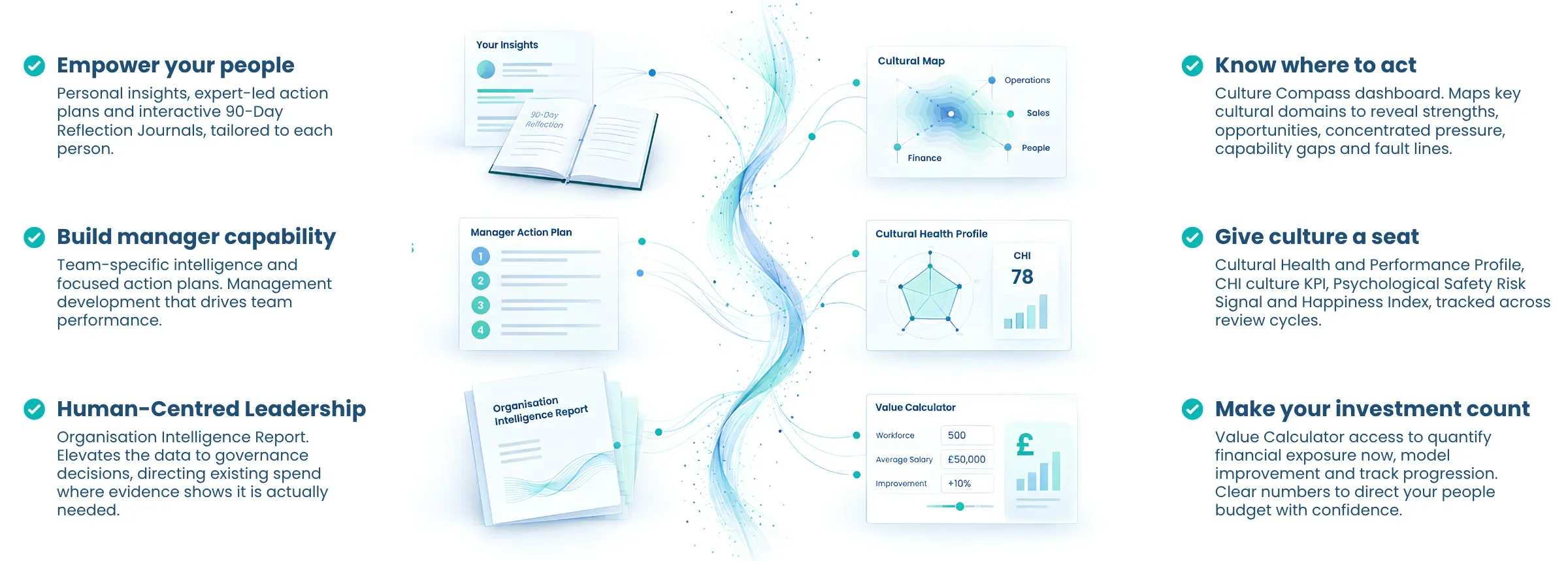 A digital infographic showing what Ampt's organizational cultural analysis gives leadership, management and employees, including: personal wellbeing profiles and plans, manager capability, cultural maps, people priorities and financial exposure.