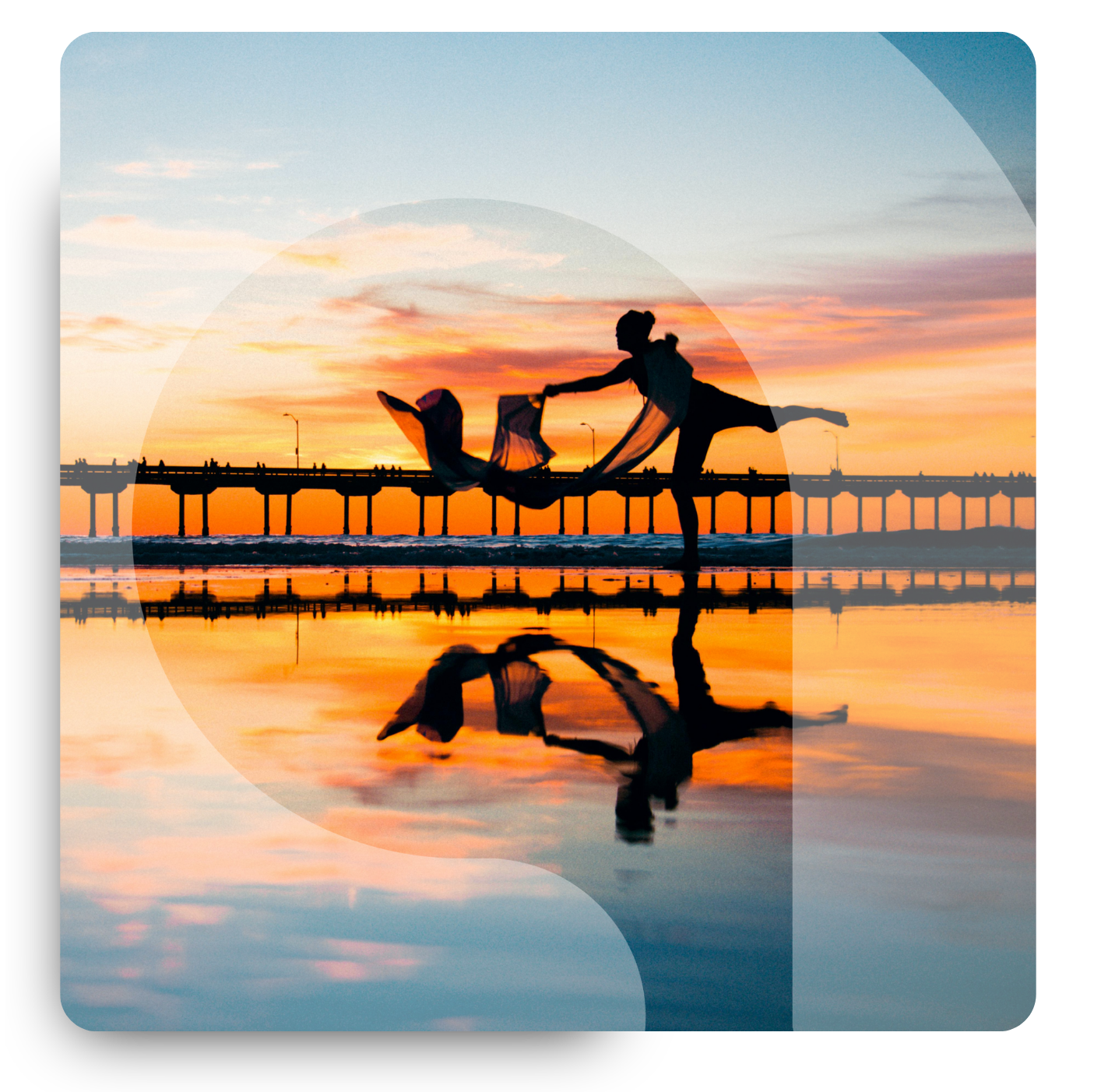 Silhouette of a person on a beach at sunset, throwing a net to catch fish, with a pier extending into the water and clouds in the sky. Their reflection is visible on the wet sand. Symbolising the possibility of casting our net wide with our channel.